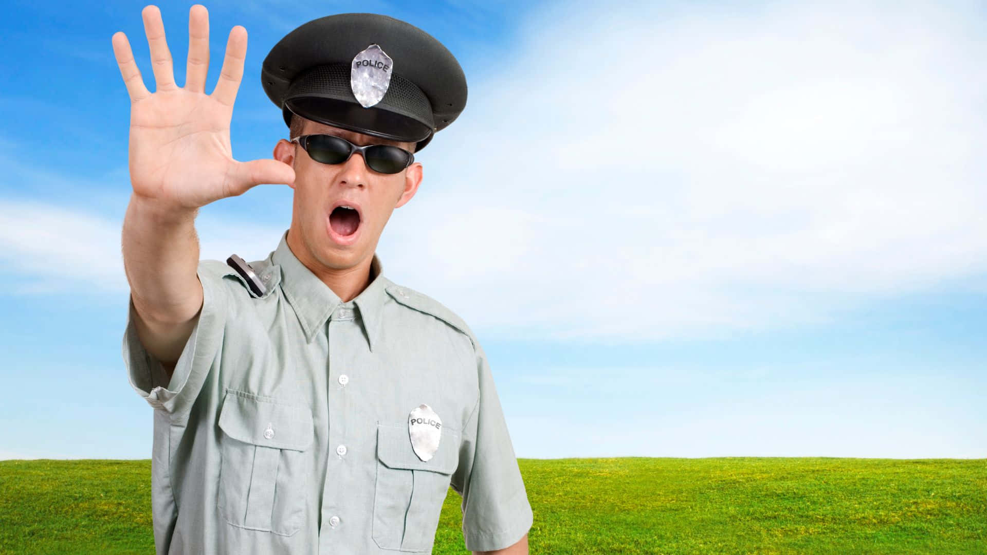 Police Officer, blue sky, grassy field, Full HD Desktop Wallpaper