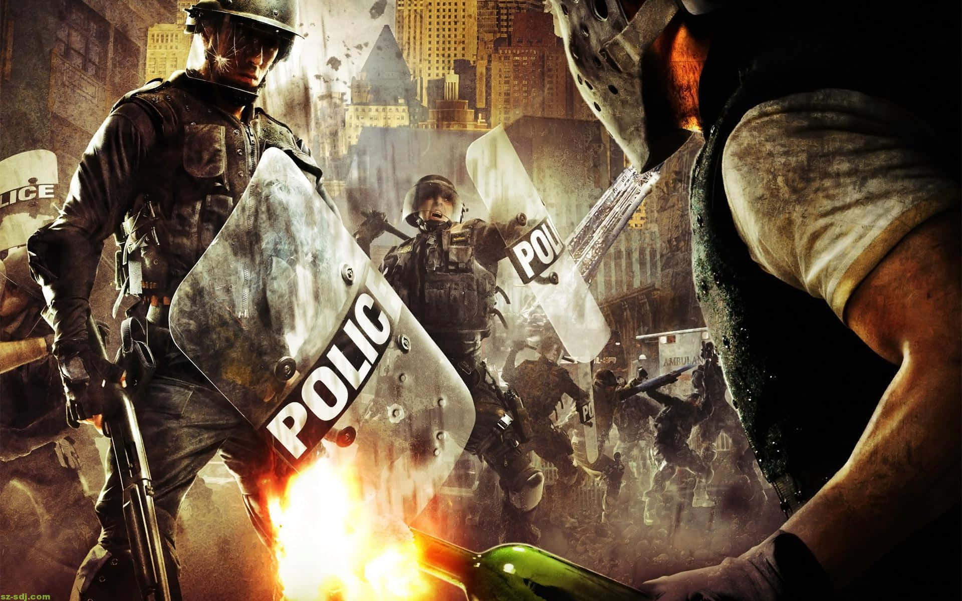 Police Officer, riot gear, masked protesters, Full HD Desktop Wallpaper