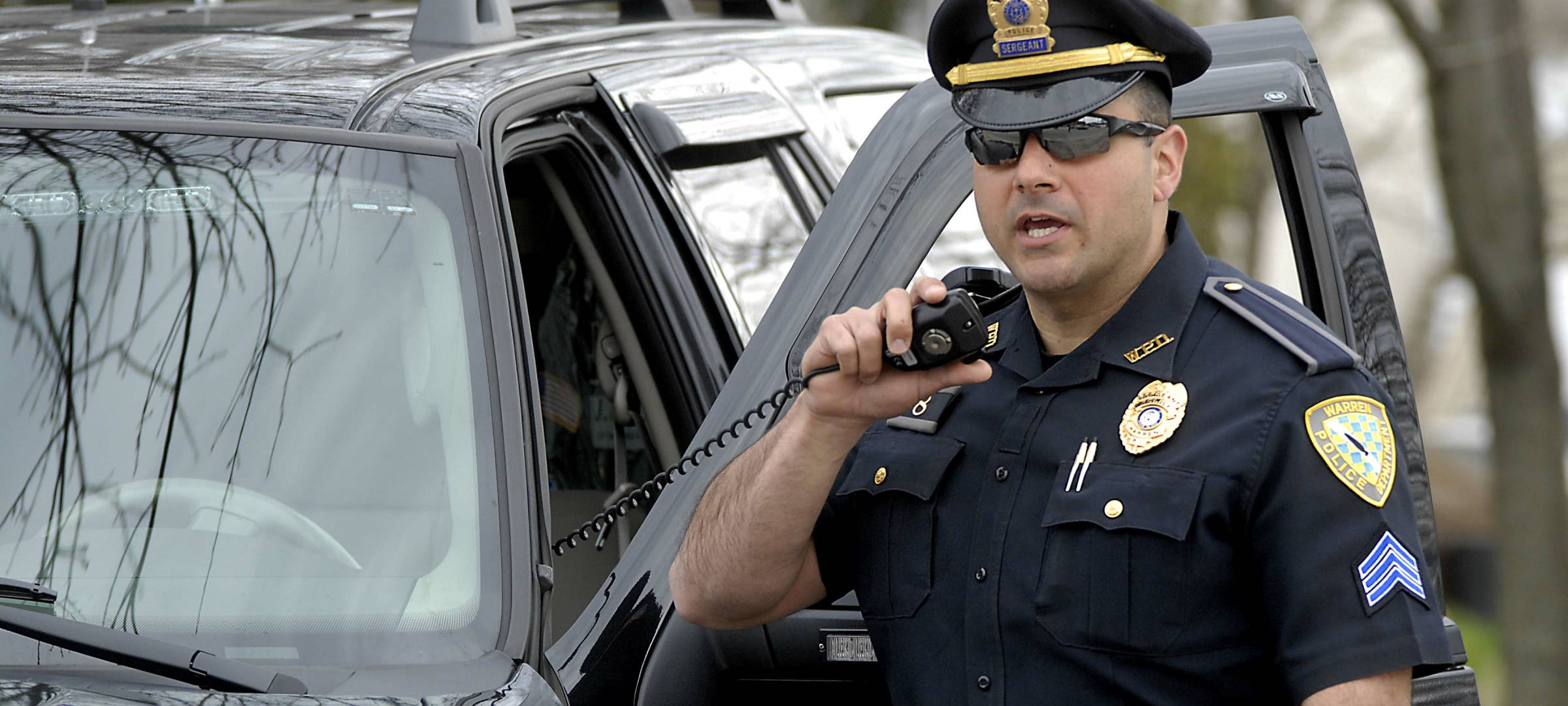 police officer, black patrol car, radio, Full HD Desktop Wallpaper