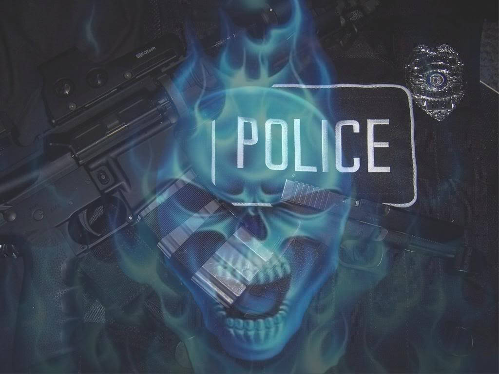 blue flame skull, police insignia, firearms, SD Desktop Wallpaper