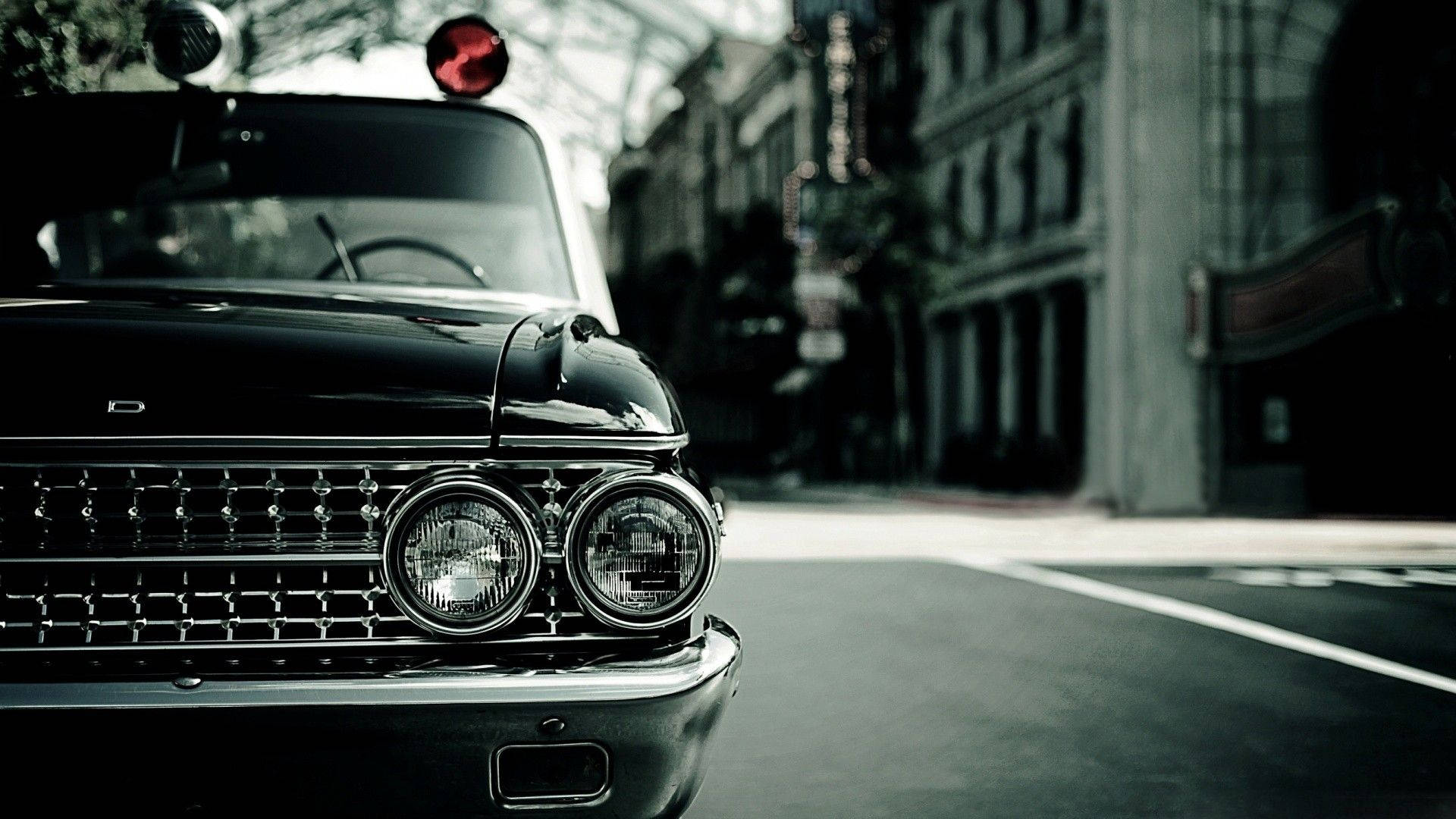 vintage black car, chrome details, round headlights, Full HD Desktop Wallpaper