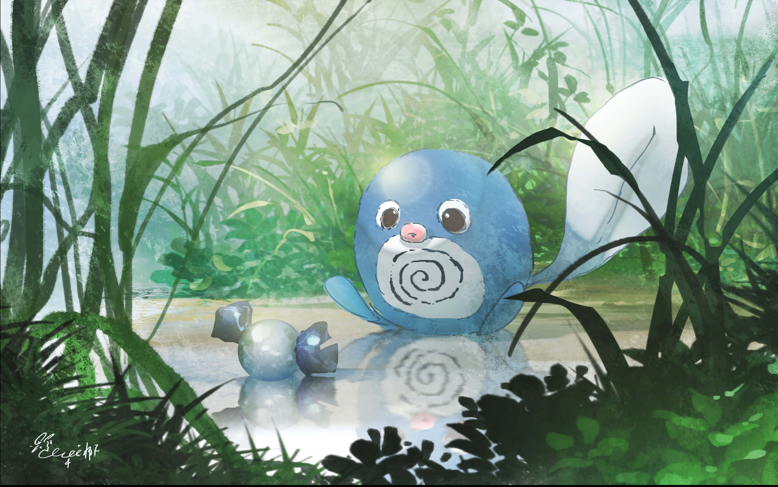 Poliwag, blue cartoon frog, spiral belly, 2K Desktop Wallpaper