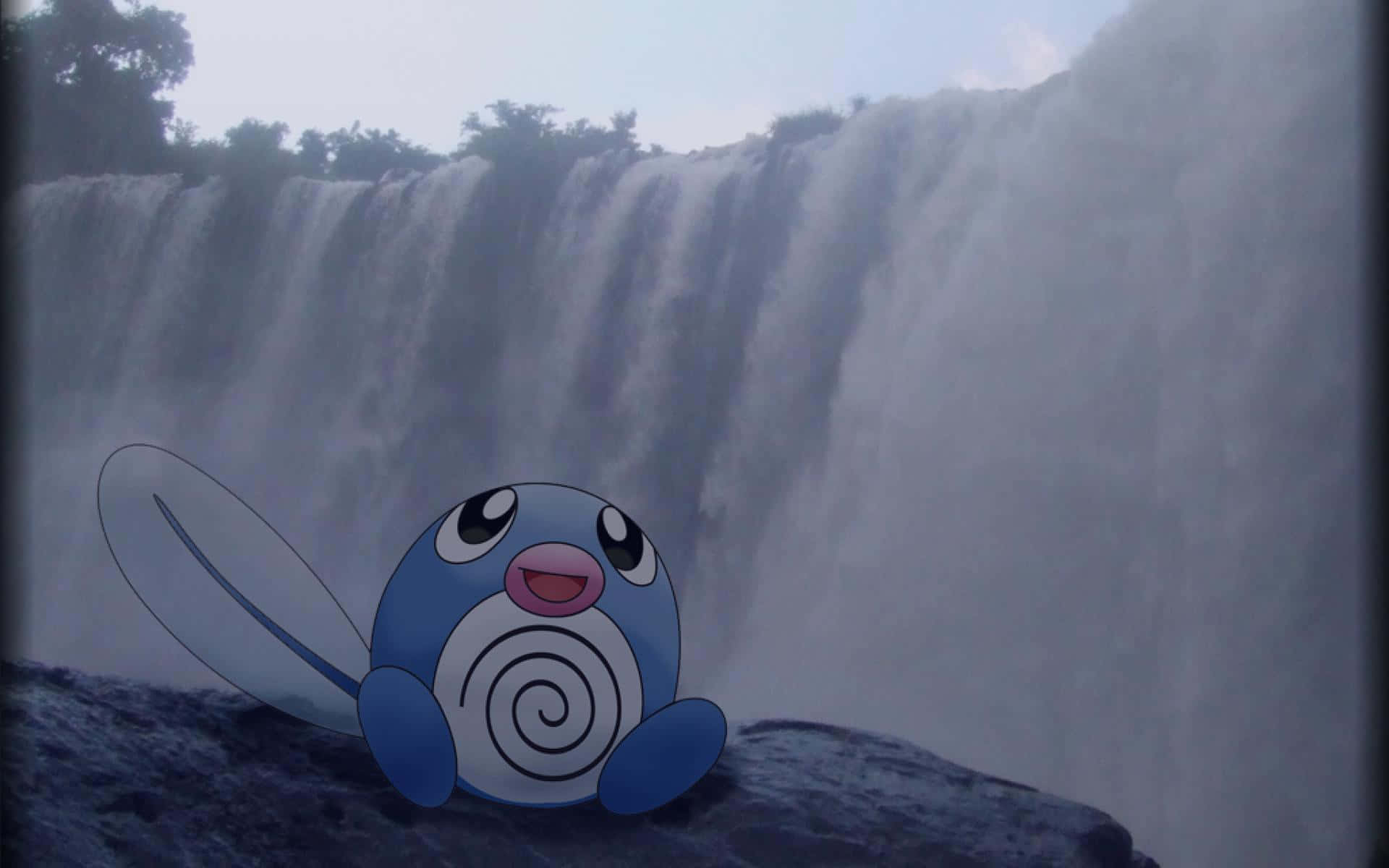 Poliwag, rock, waterfall, Full HD Desktop Wallpaper