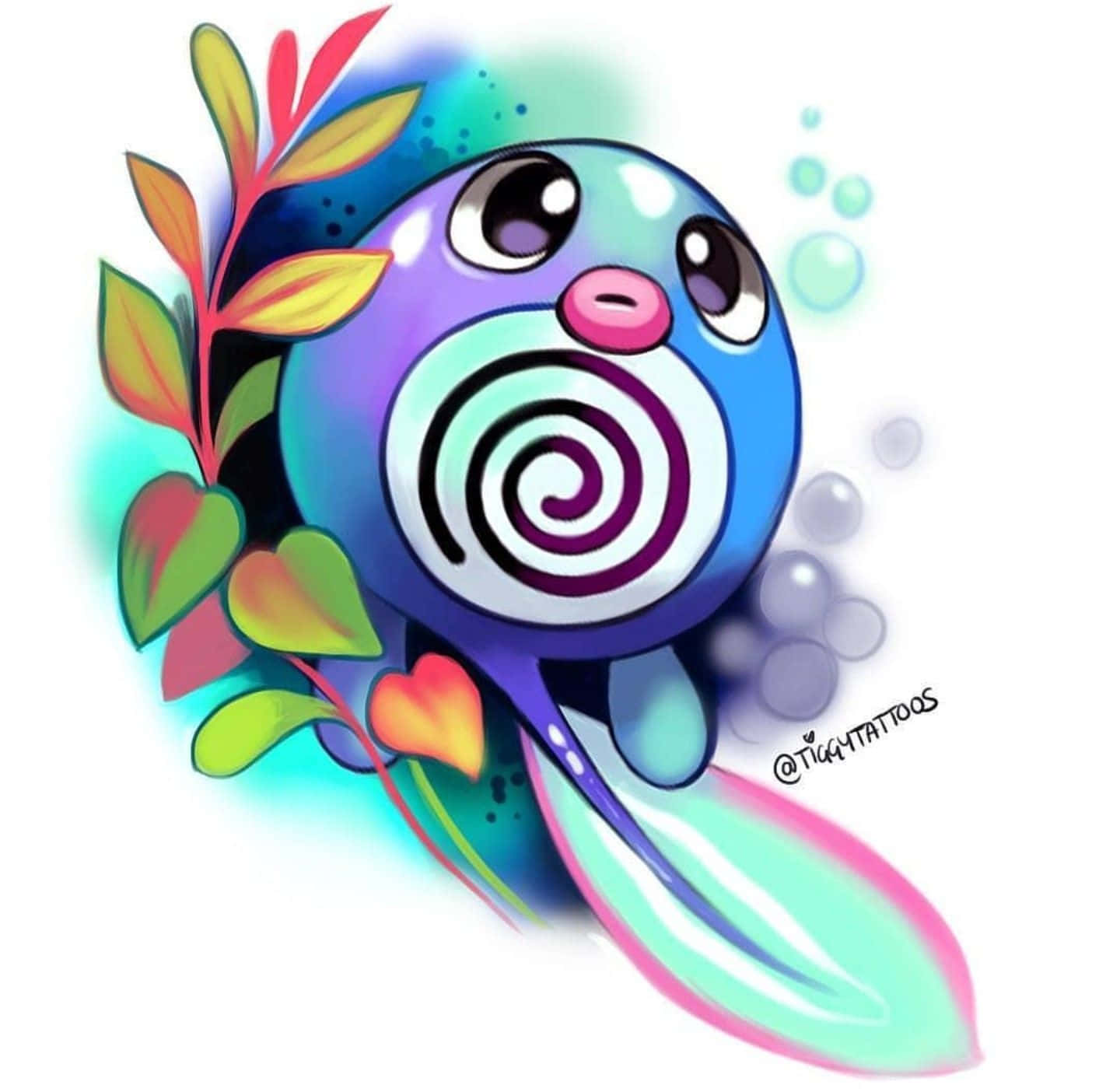 Colorful Poliwag, spiral pattern, colorful leaves, HD Desktop Wallpaper