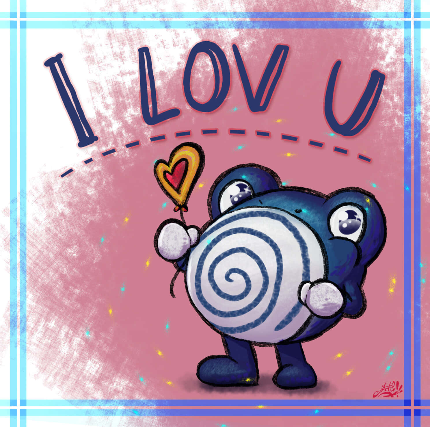 Poliwhirl, blue spiral character, heart balloon, HD Desktop Wallpaper
