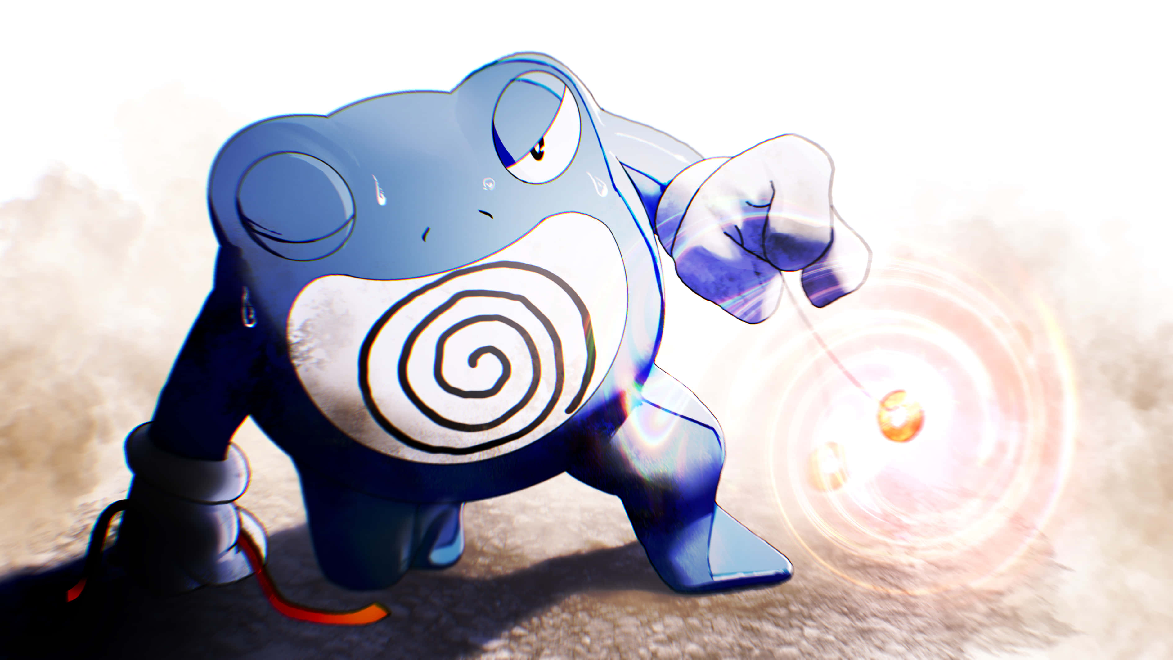 Poliwrath, glowing orb attack, blue frog-like Pokémon, 2K Desktop Wallpaper