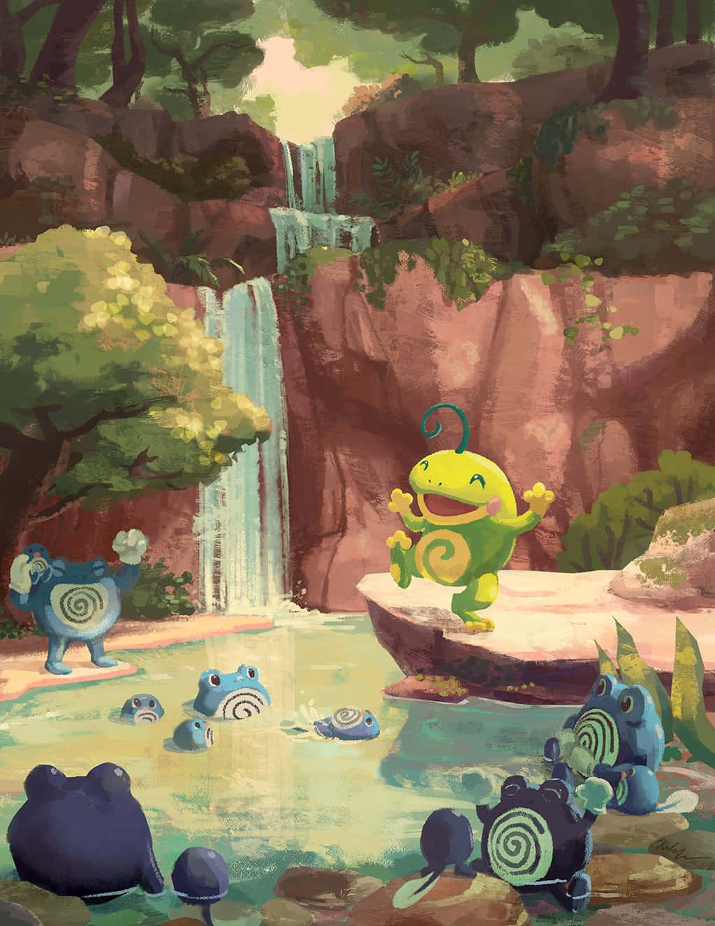Poliwrath, green frog-like, waterfall, HD Phone Wallpaper