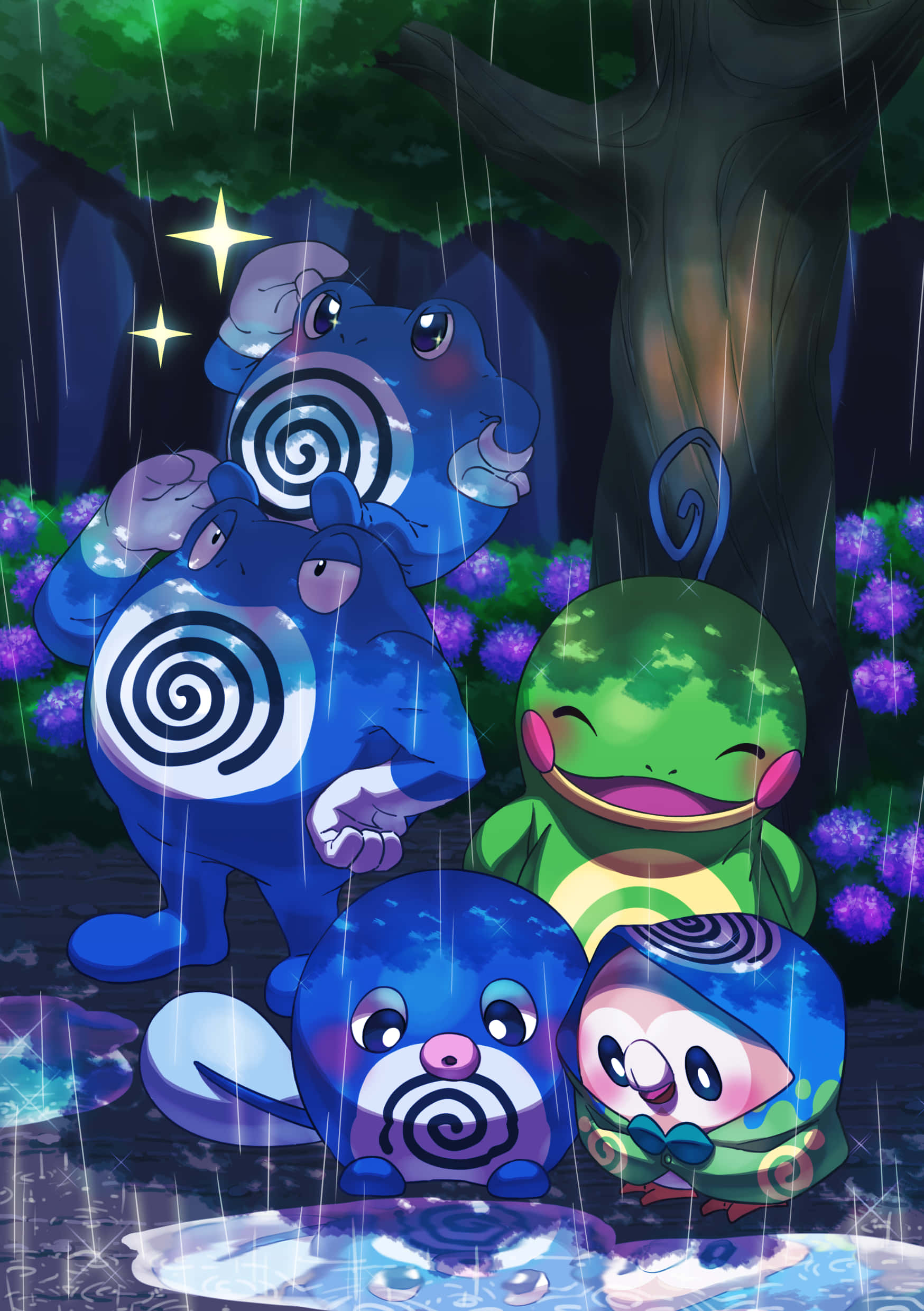 Poliwrath, spiral-patterned, rain-soaked tree, Full HD Phone Wallpaper