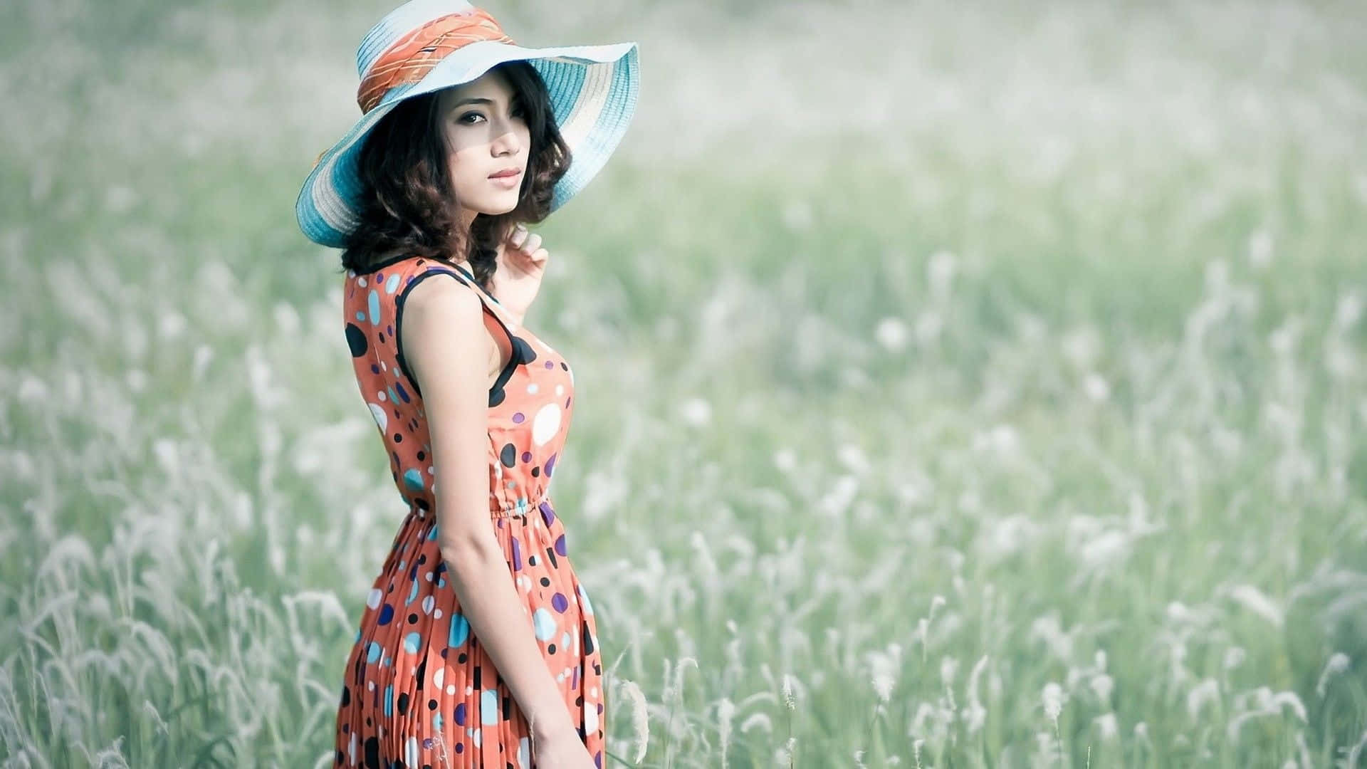 polka dot dress, wide brimmed hat, sunlit field, Full HD Desktop Wallpaper