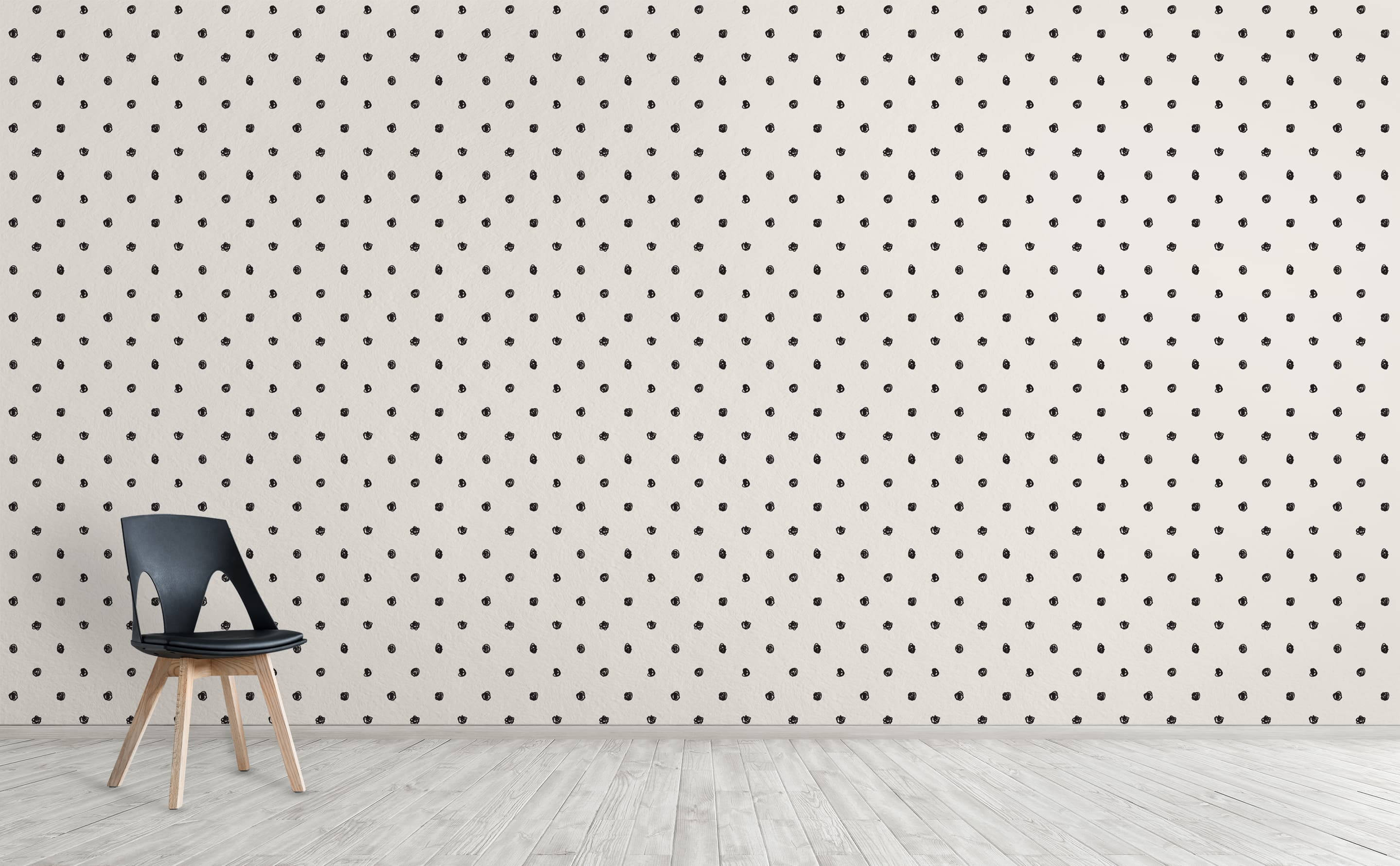 black dot wallpaper, black chair, wooden legs, 2K Desktop Wallpaper