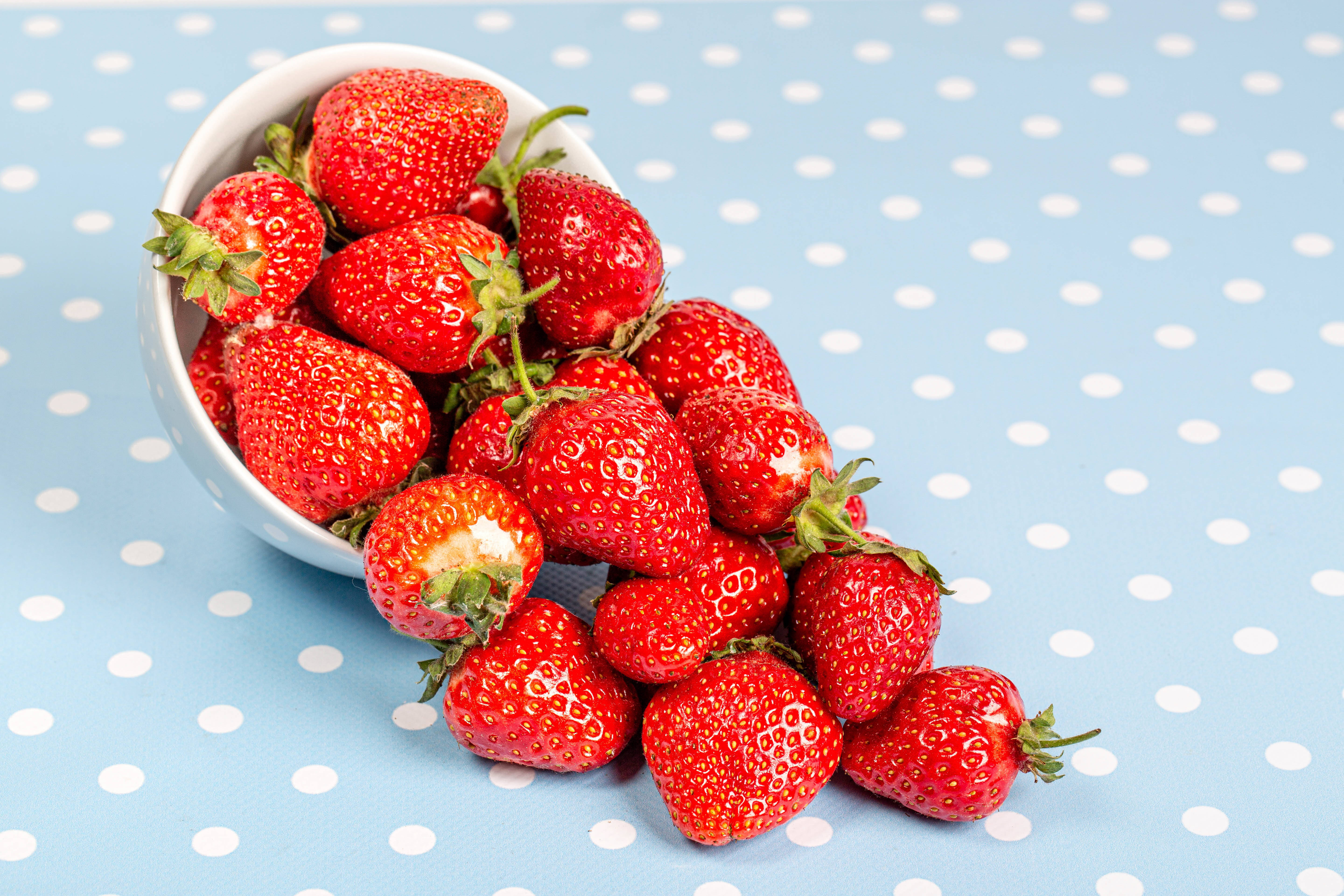 blue aesthetic, strawberry desktop, white bowl, 5K Desktop Wallpaper