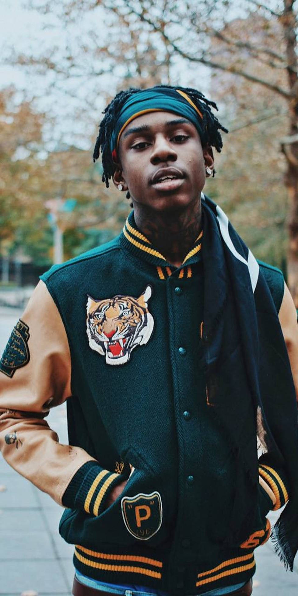 Polo G, tiger-emblazoned varsity jacket, autumn trees, Full HD Phone Wallpaper