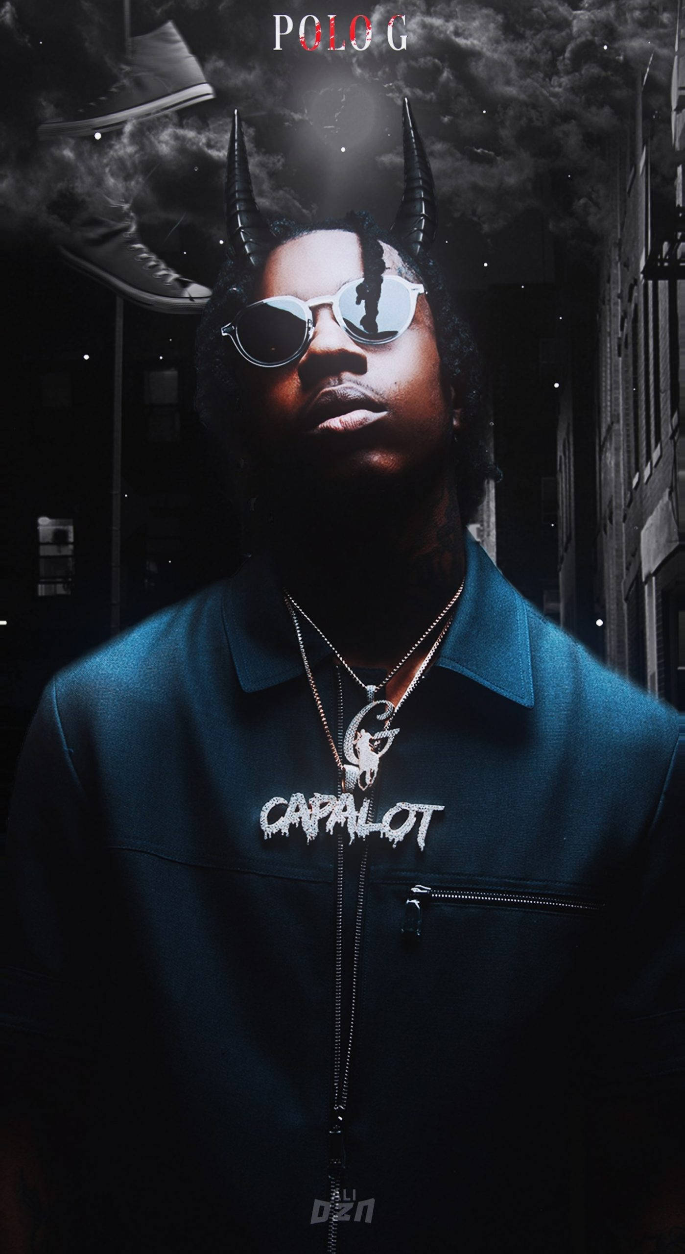 Polo G, dark city, devil horns, 2K Phone Wallpaper