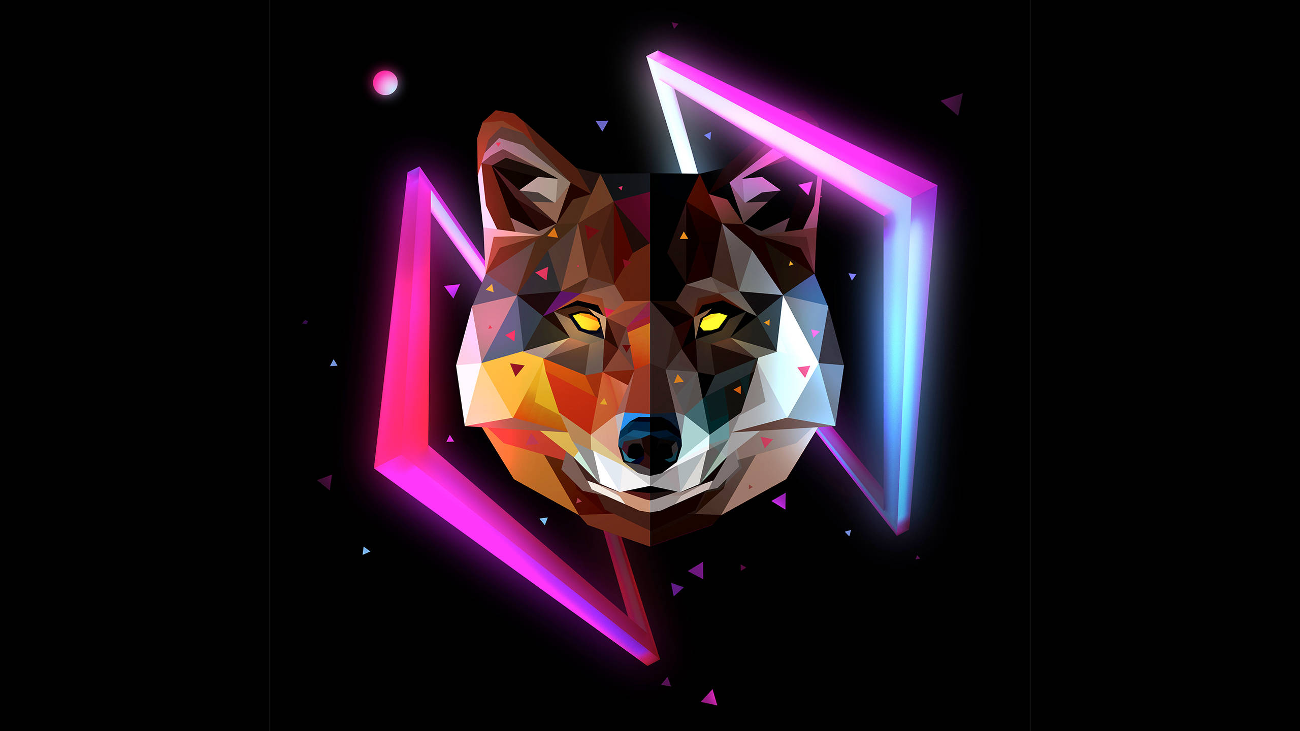 Polygon Art, wild wolf, neon pink, 2K Desktop Wallpaper