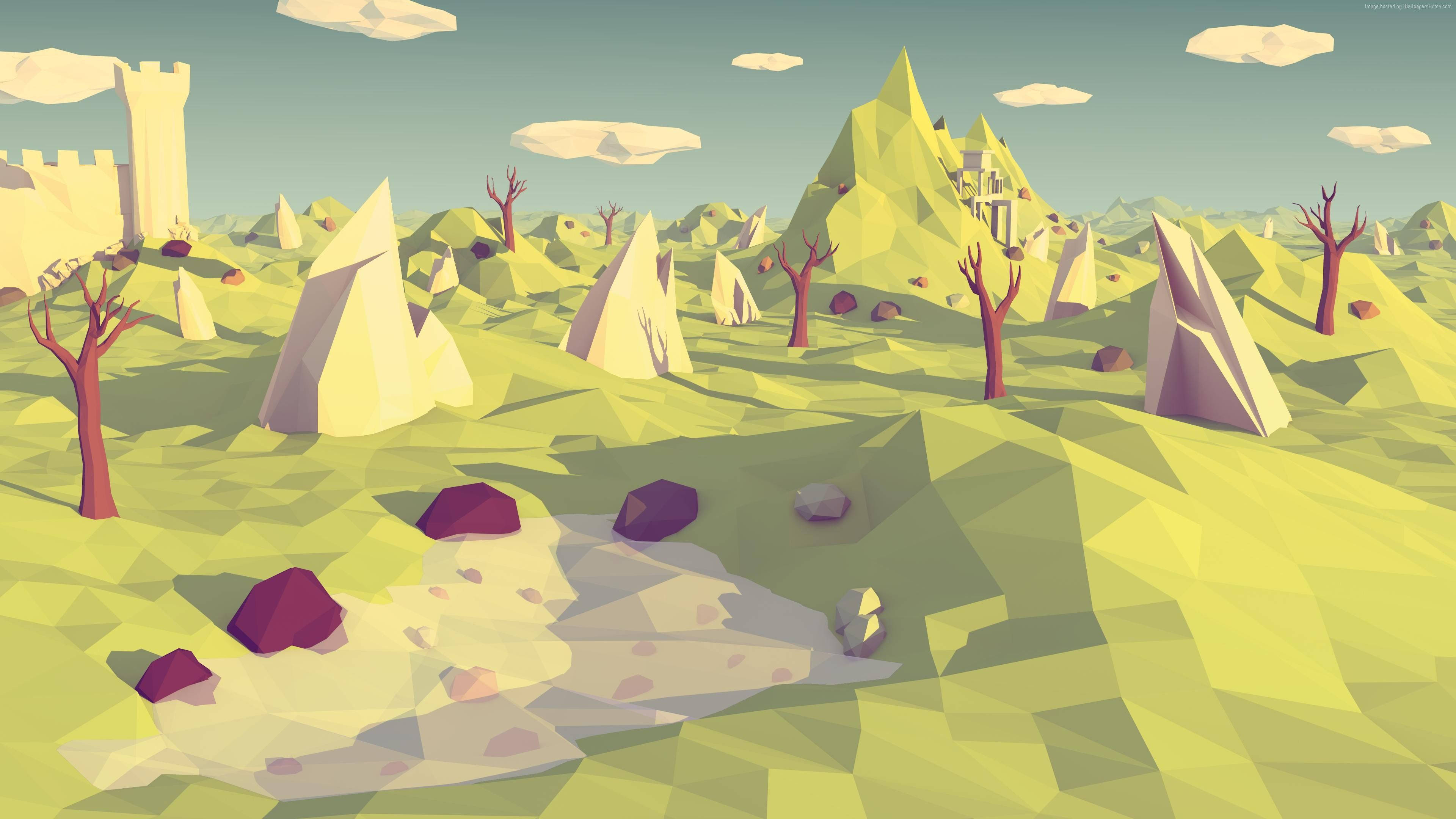 low poly, jagged green hills, purple rocks, 4K Desktop Wallpaper