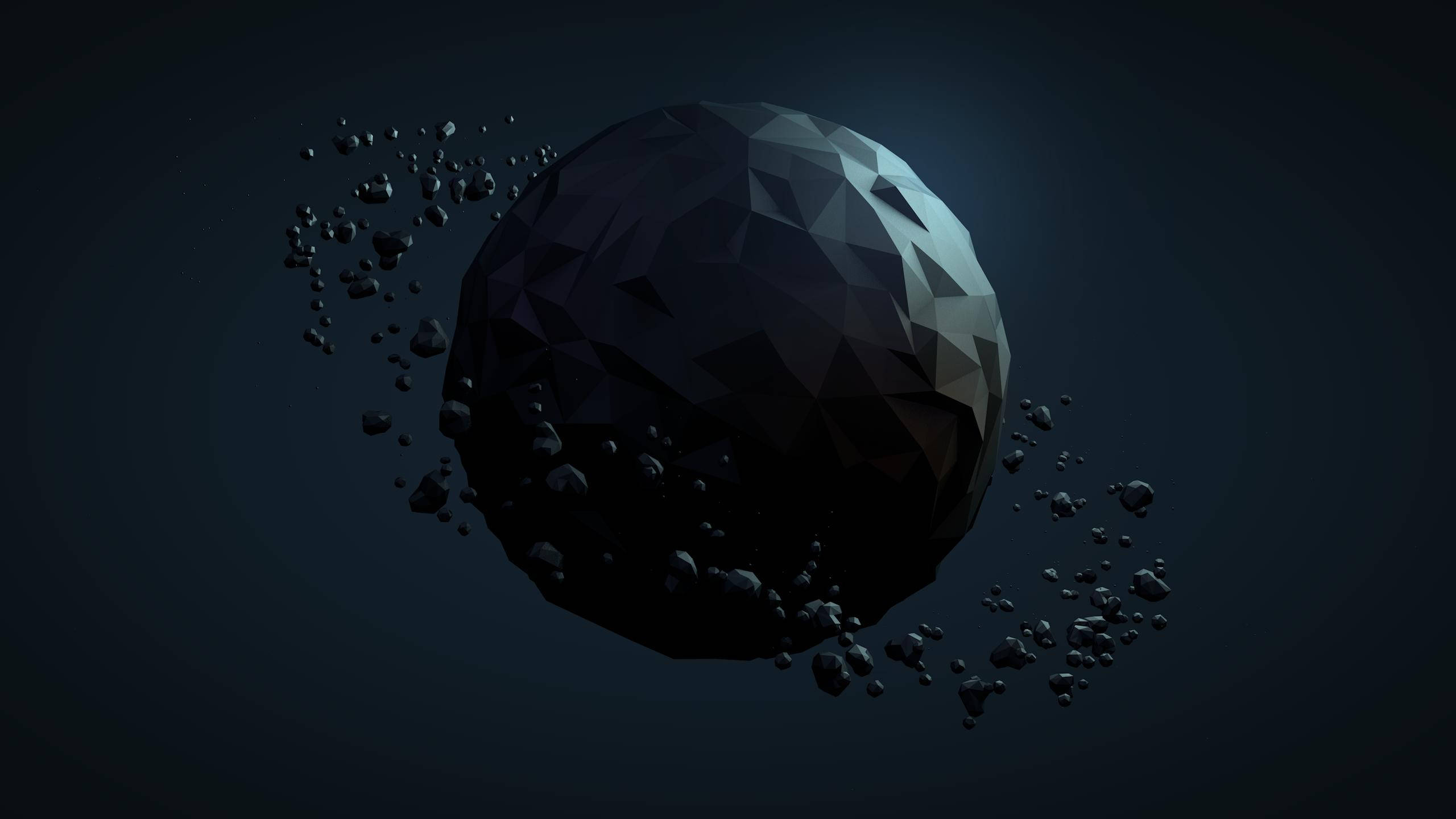 Polygon Art, black planet, geometric facets, 2K Desktop Wallpaper
