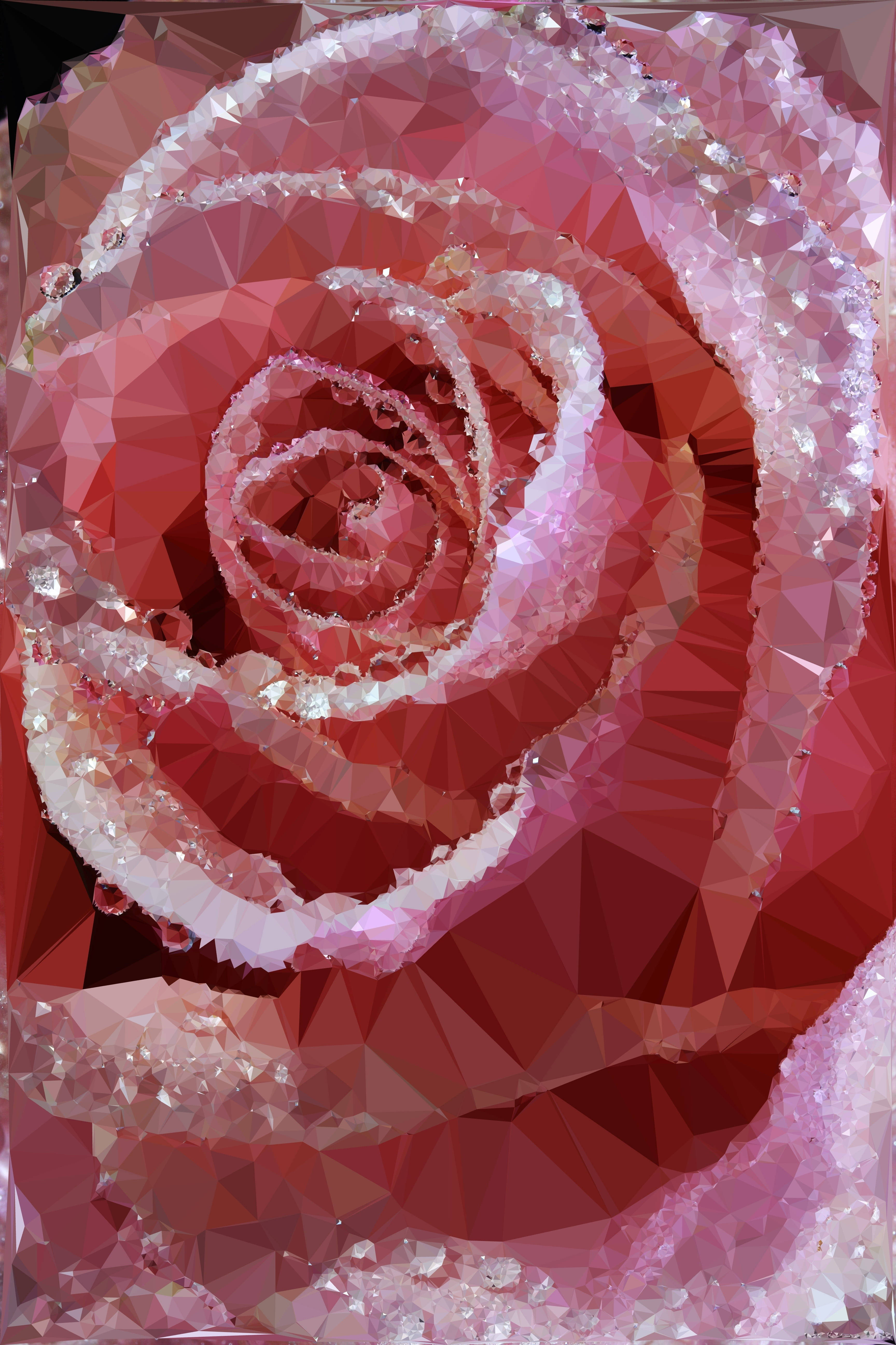 Polygon Art, pink rose, crystalline facets, 5K Phone Wallpaper