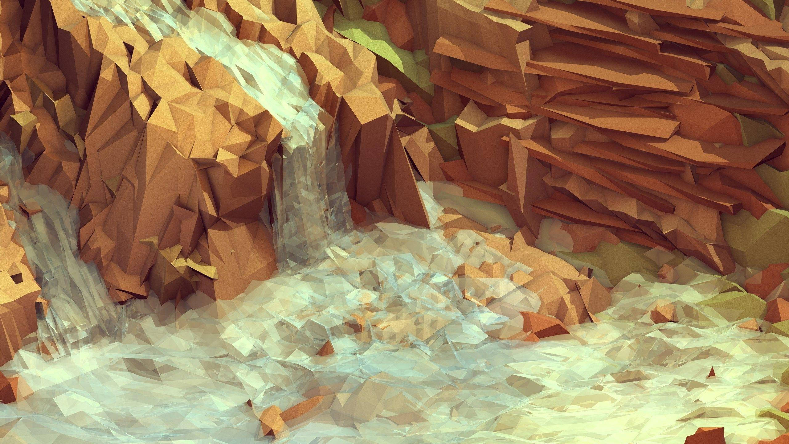 Polygon Art, waterfalls, low-poly digital, 2K Desktop Wallpaper