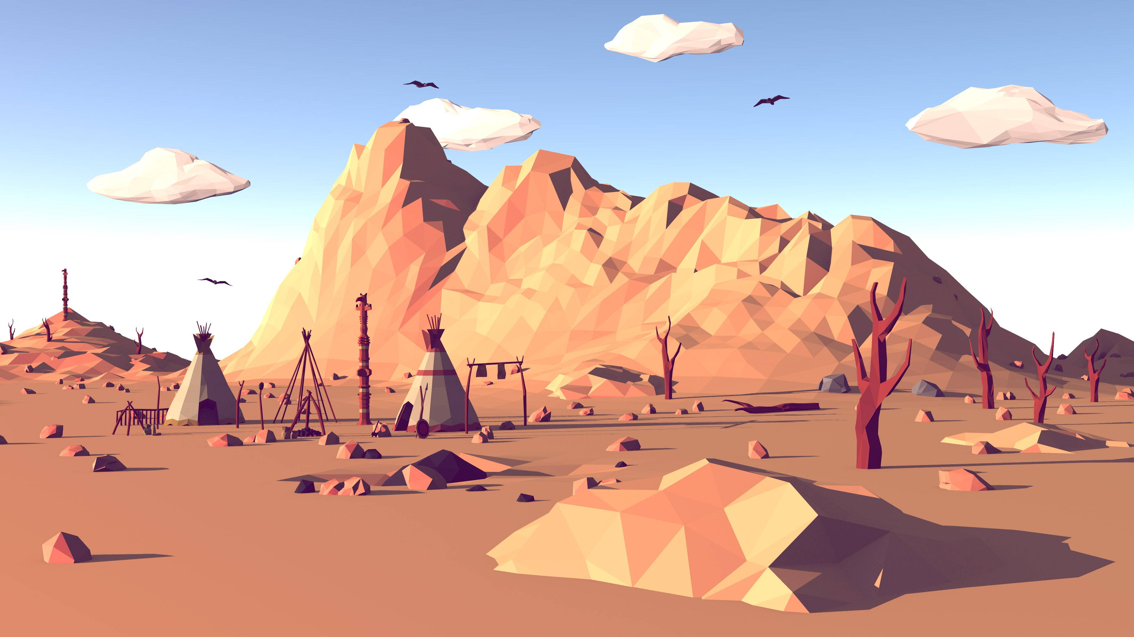 Polygon Art, desert landscape, teepees, 4K Desktop Wallpaper