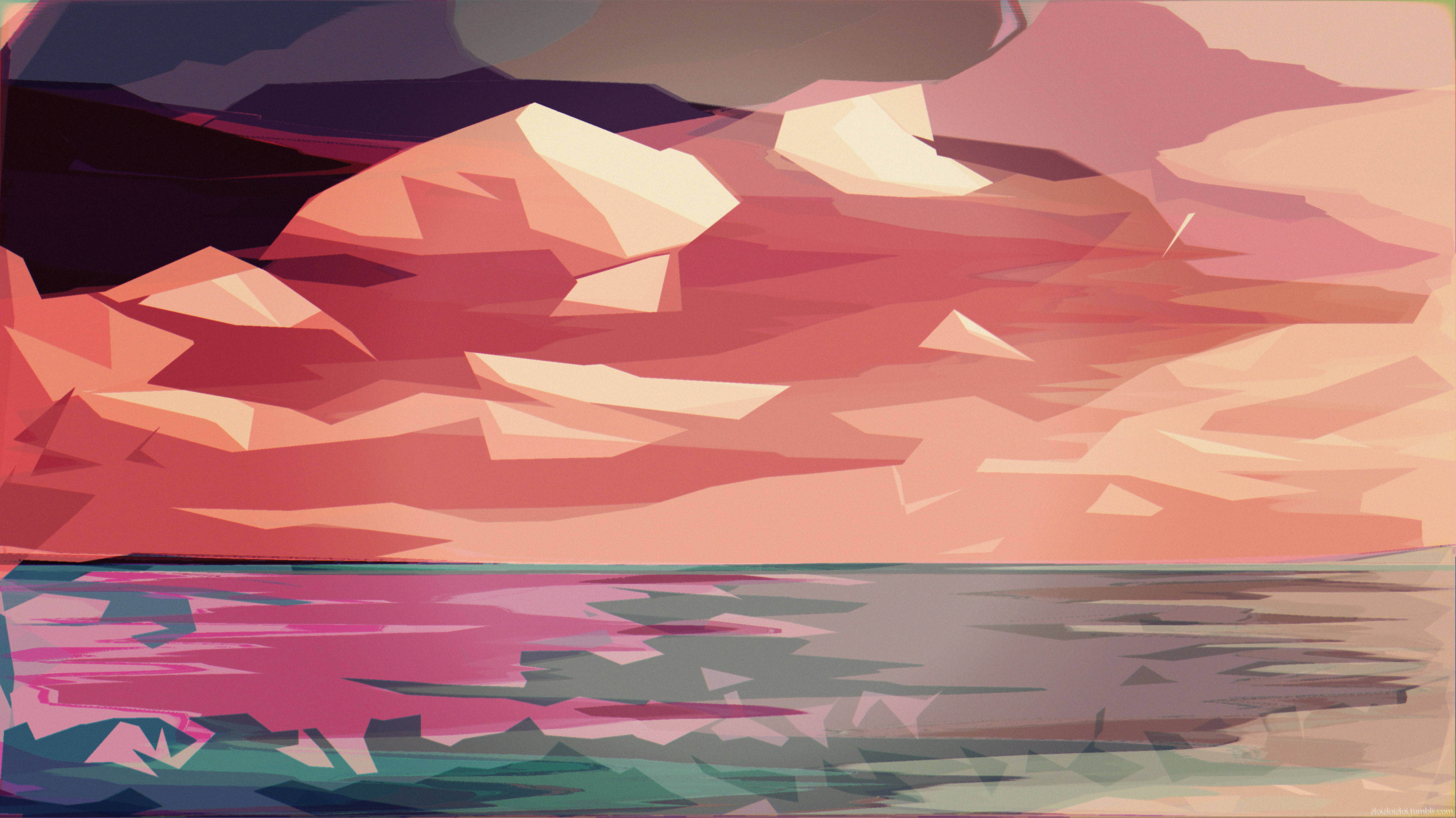 Polygon Art, pink skies, low-poly mountain range, 4K Desktop Wallpaper