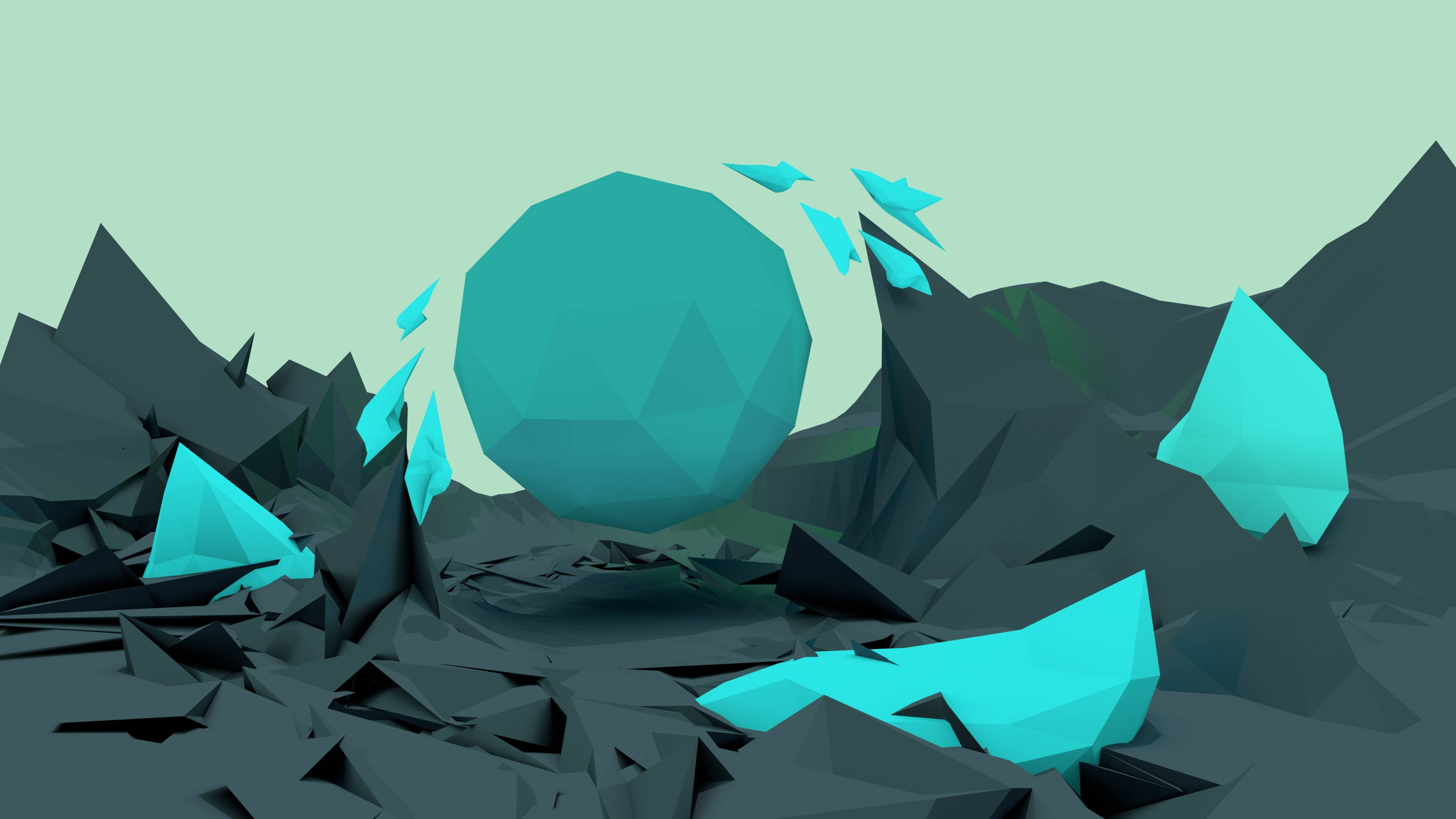low poly giant cyan orb, teal low-poly sphere, jagged dark gray geometric rocks, 4K Desktop Wallpaper