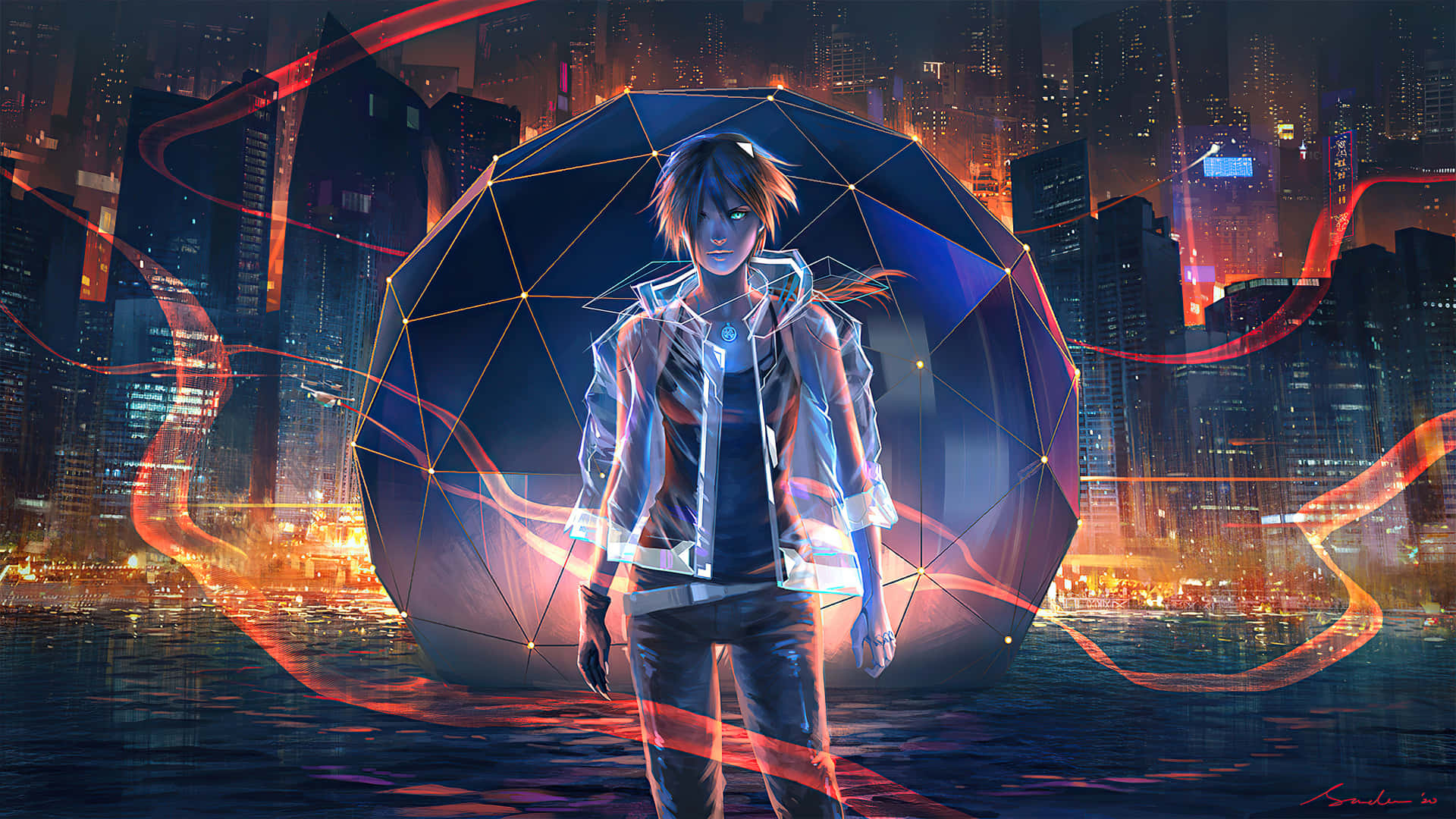 anime boy, geometric dome, neon-lit cityscape, Full HD Desktop Wallpaper
