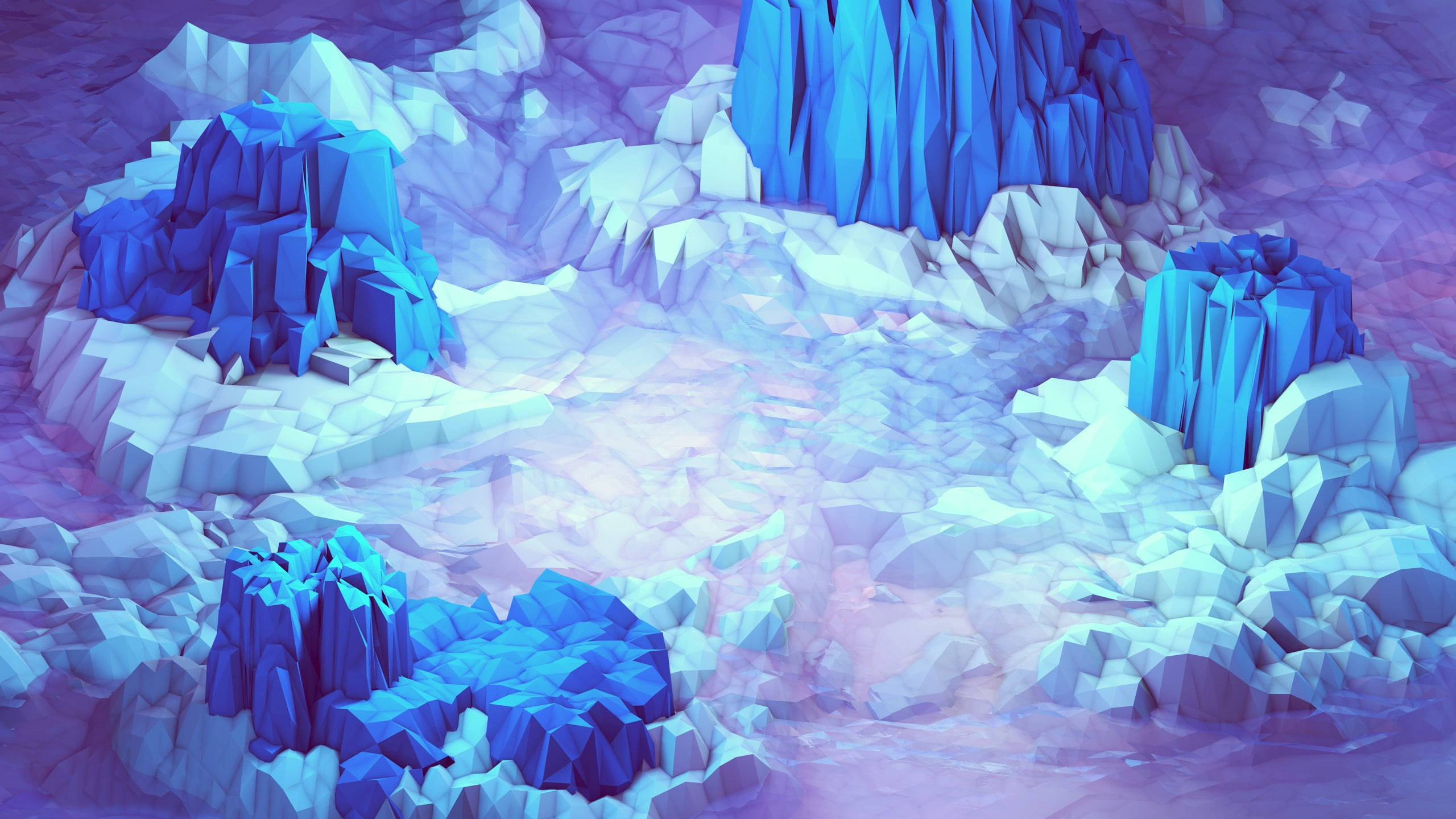 Polygon Art, blue mountain, jagged blue and white crystalline rock formations, 2K Desktop Wallpaper