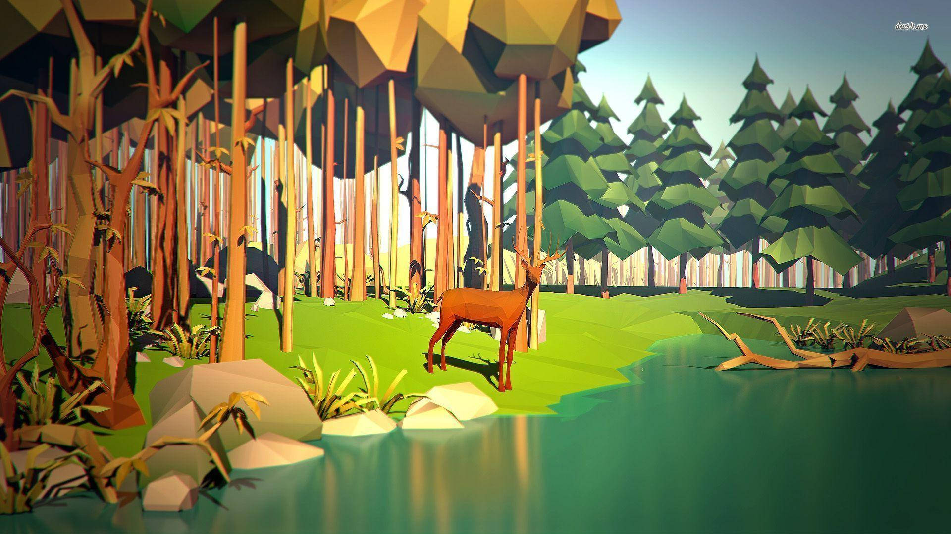 polygon art, deer, forest, Full HD Desktop Wallpaper