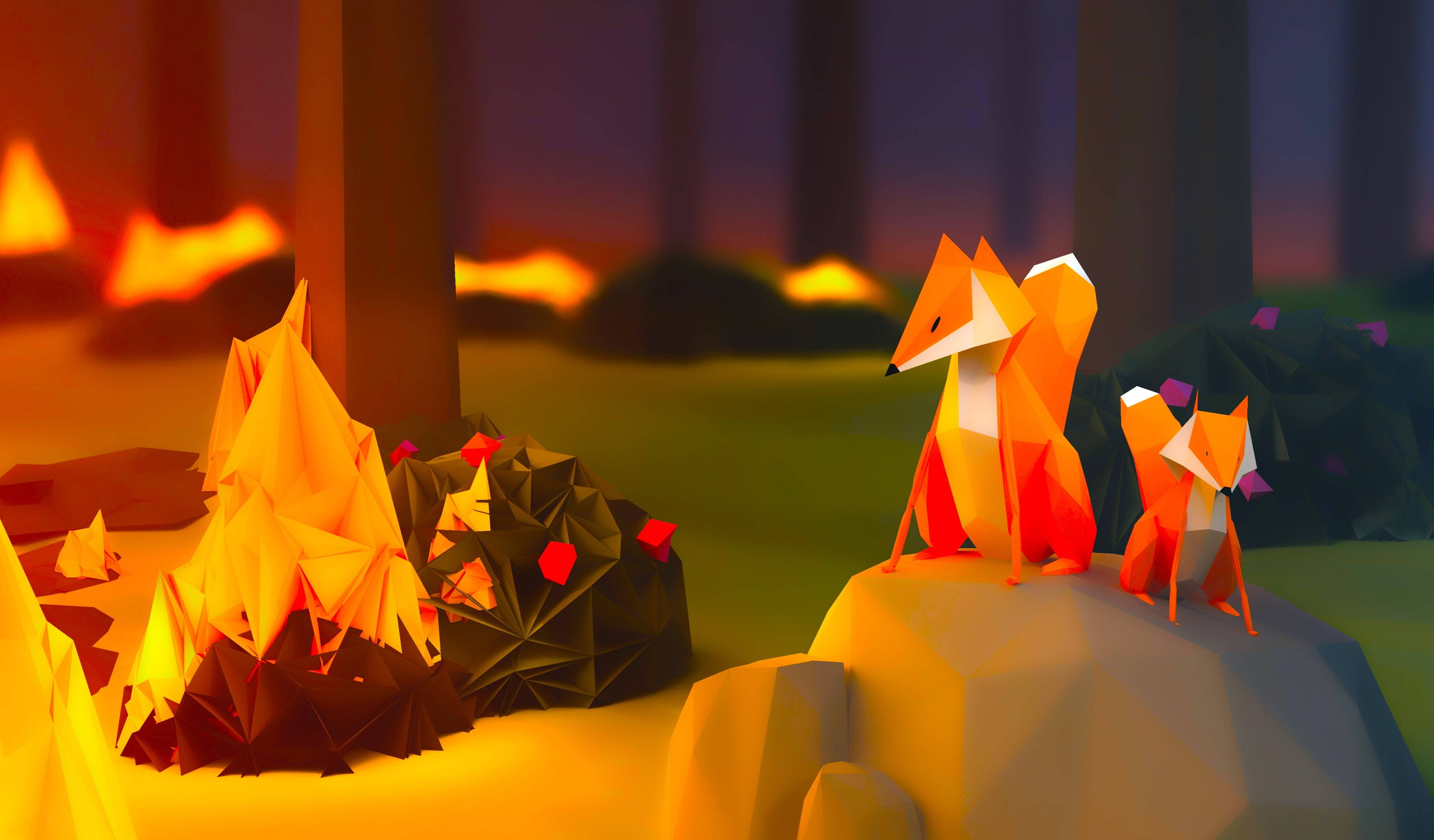 Polygon Art, foxes, bonfire, 2K Desktop Wallpaper