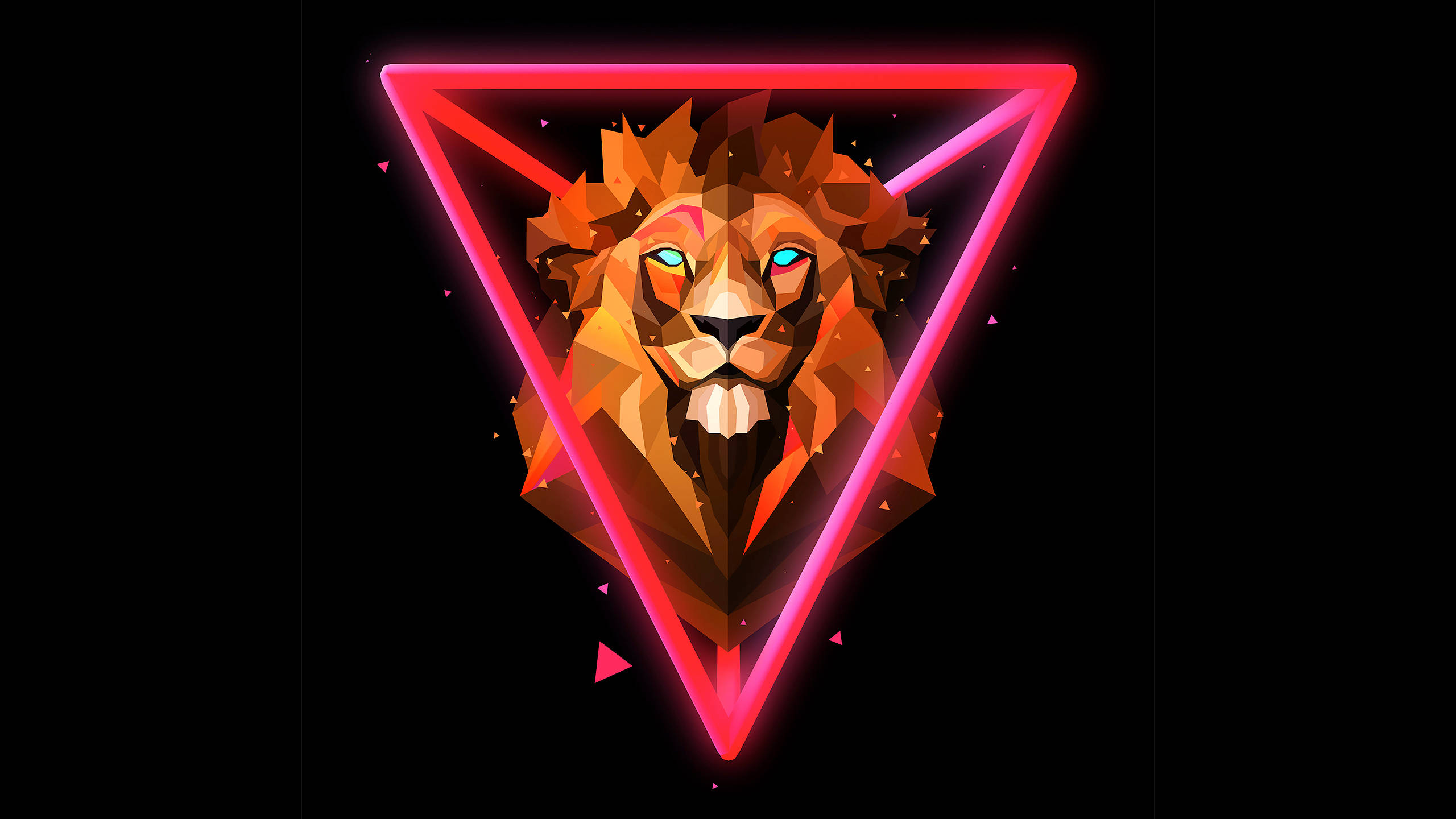 Polygon Art, red lion, neon pink triangle frame, 2K Desktop Wallpaper