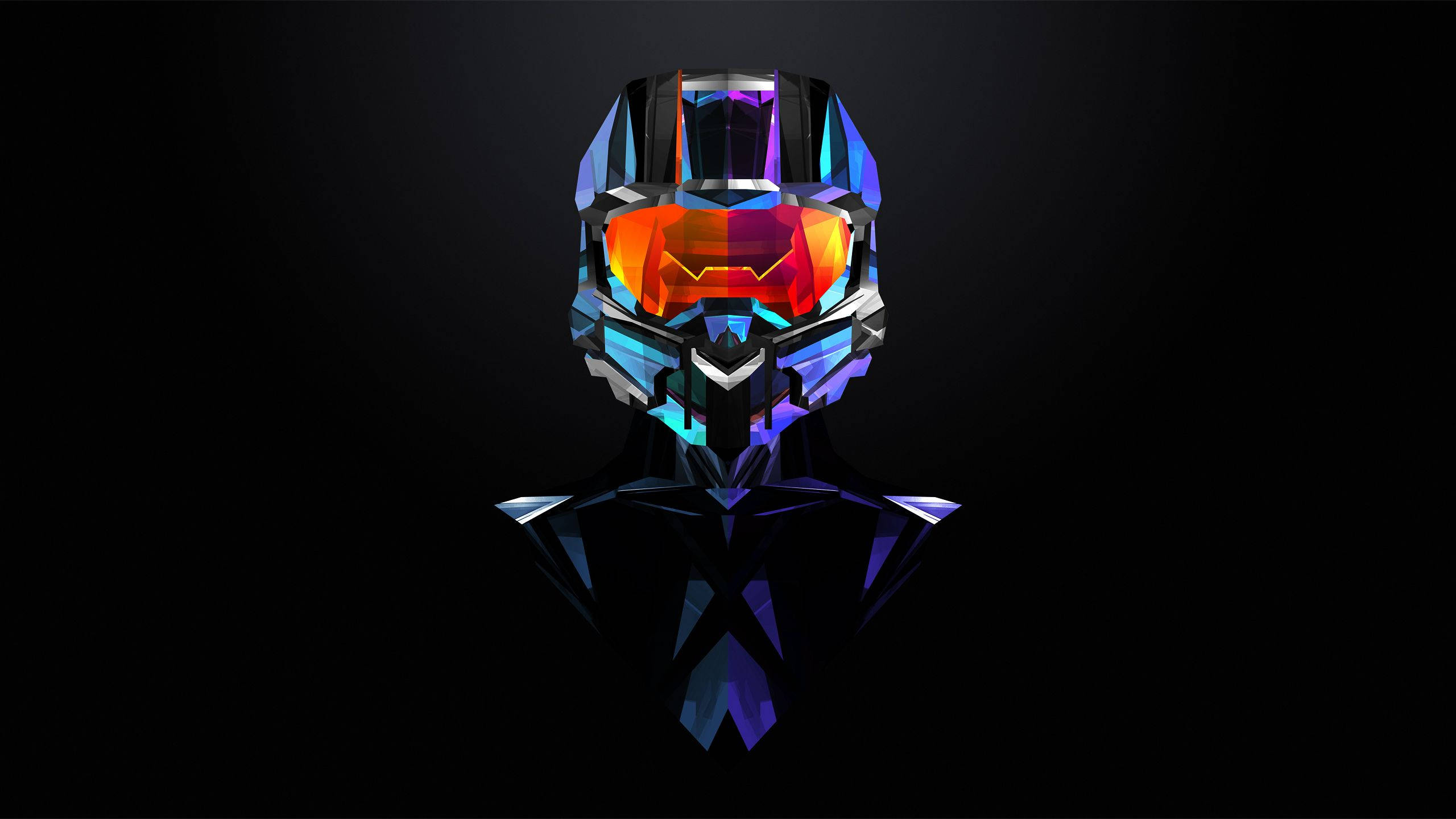 Polygon Art Helmet, glowing red orange and blue facets, dark background, 2K Desktop Wallpaper