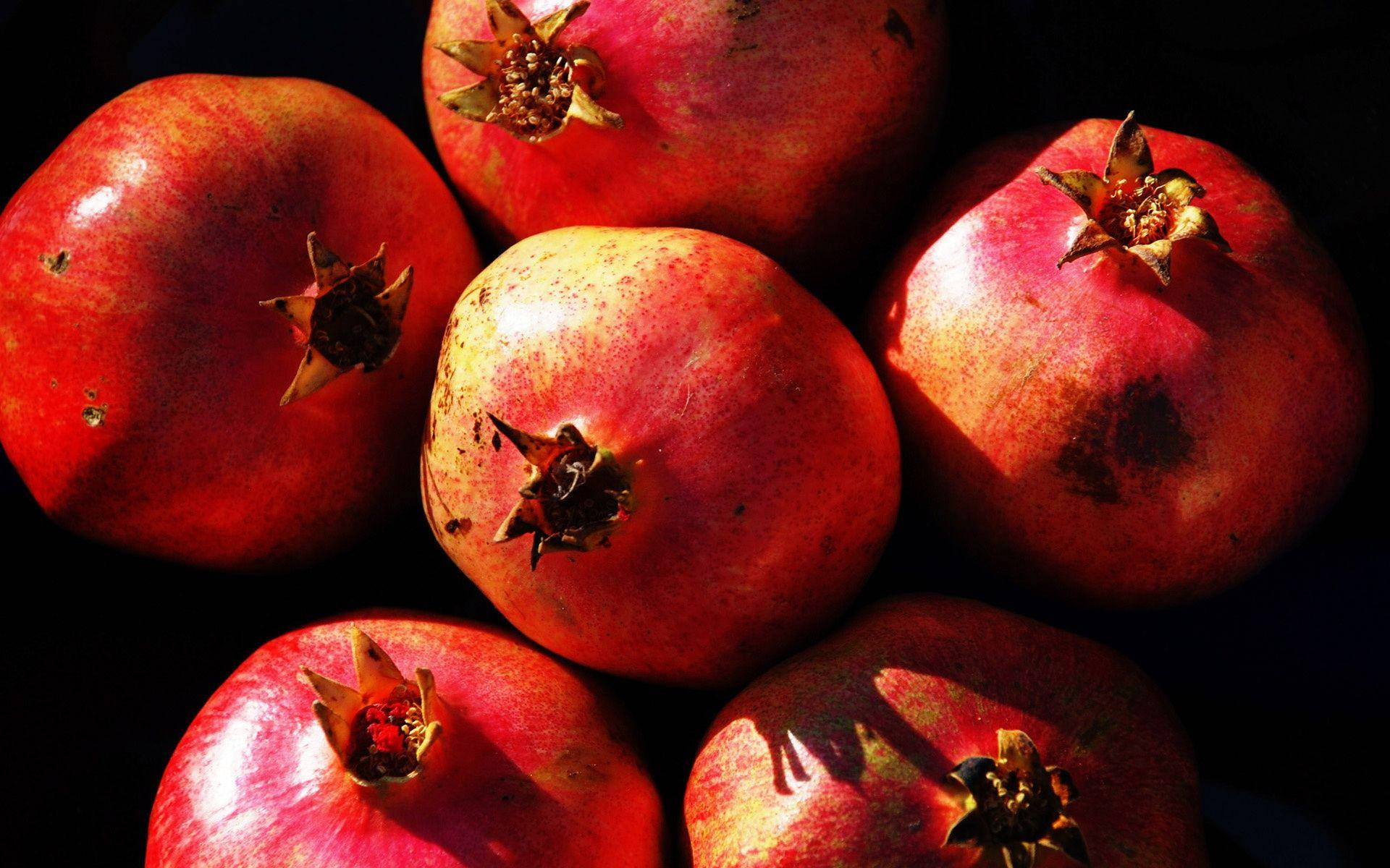 pomegranate, textured red skins, crown-like stems, Full HD Desktop Wallpaper