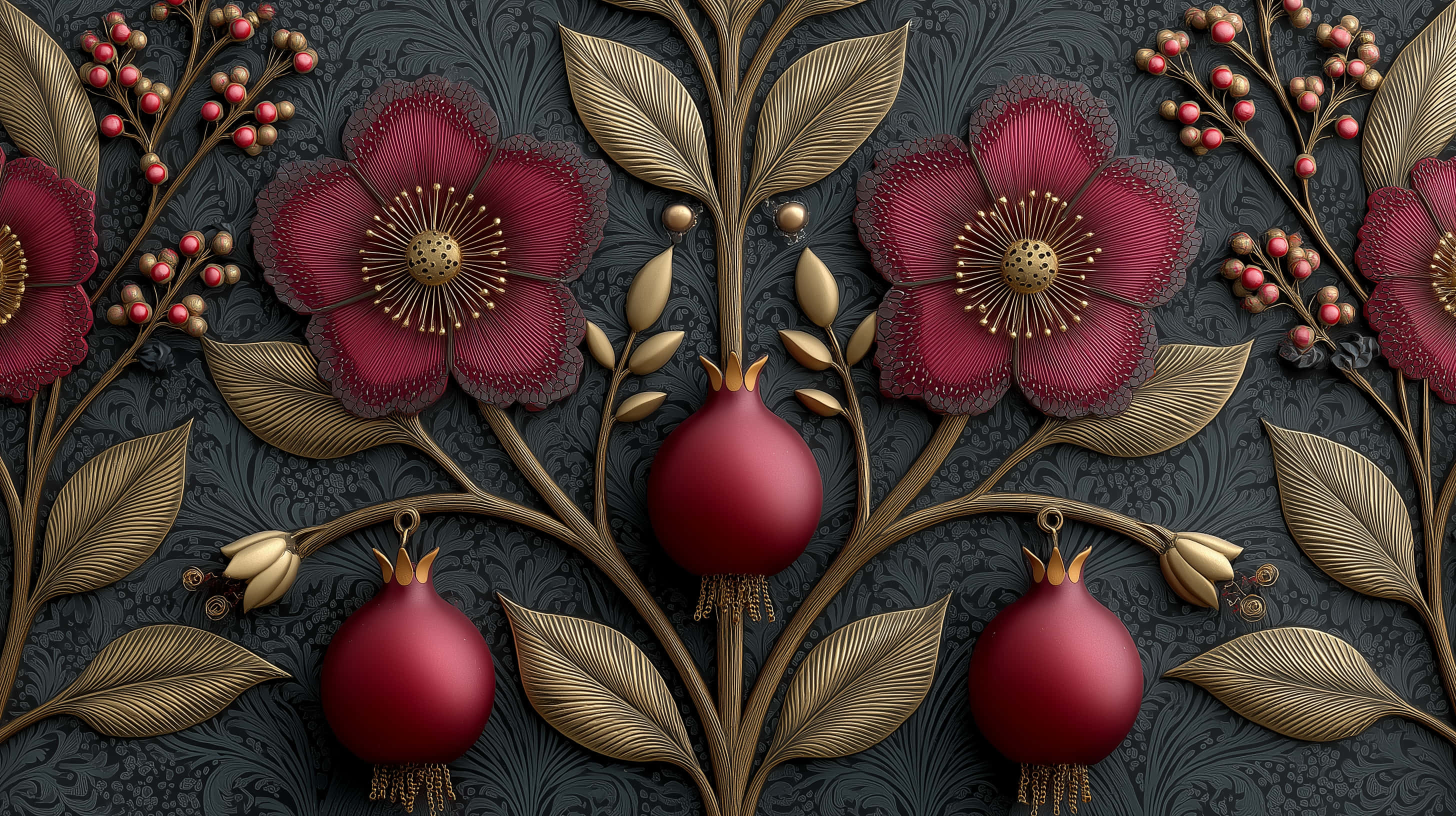 vintage damask design, pomegranate, floral motifs, 2K Desktop Wallpaper