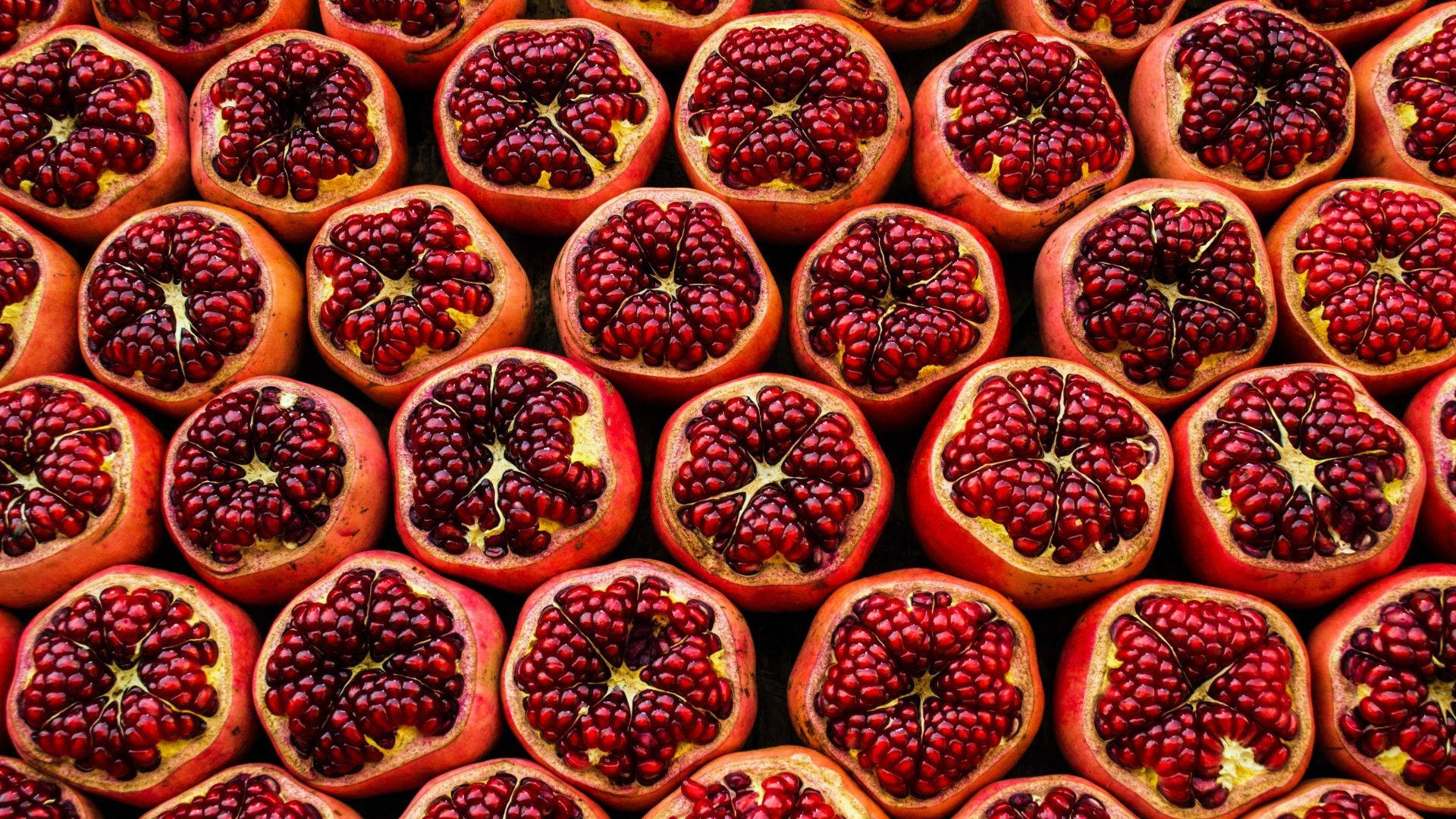 ripe pomegranate fruits, ruby-red arils, orange rinds, Full HD Desktop Wallpaper