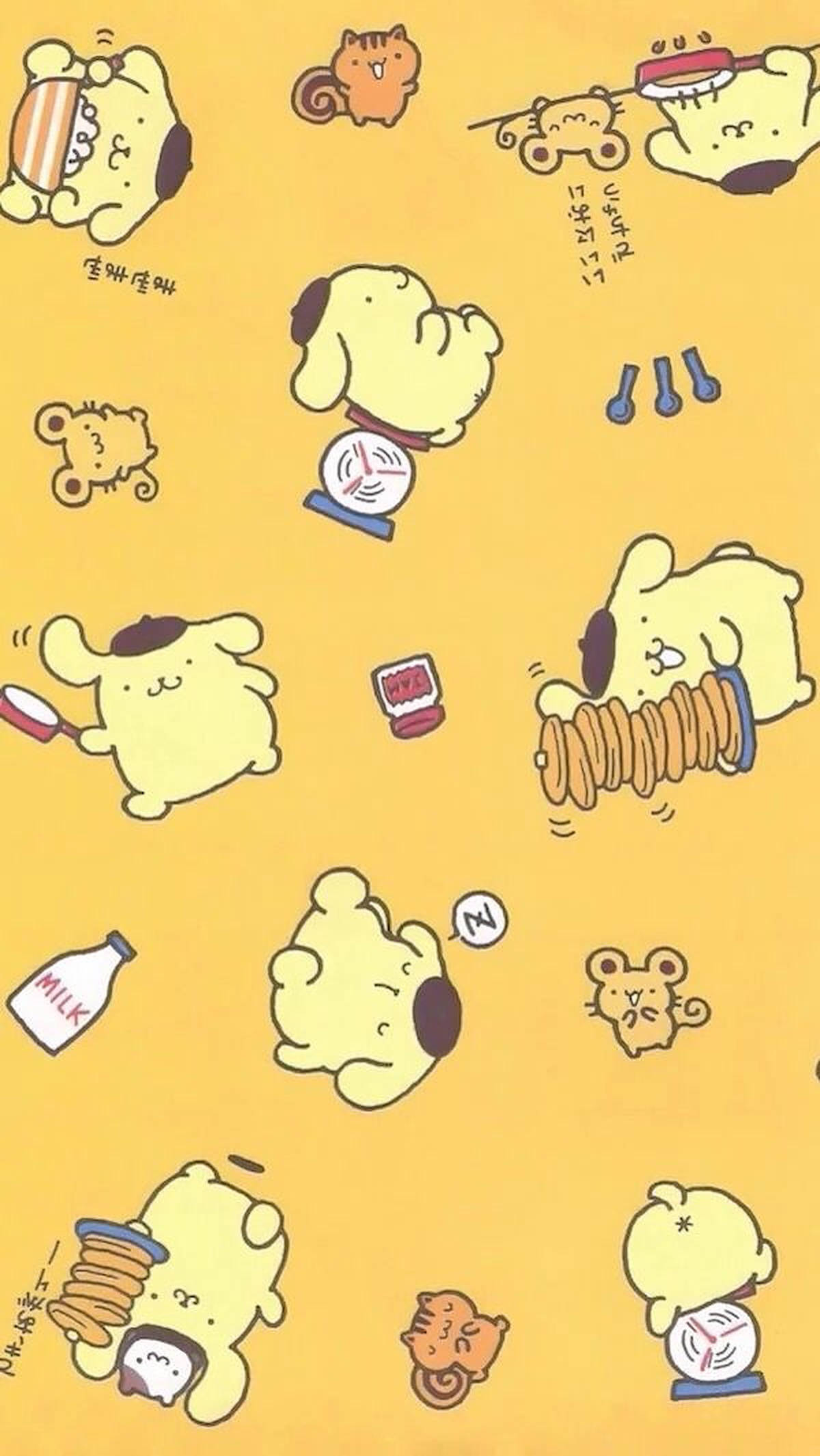 Pompompurin, yellow background, cute cartoon Pudgy characters, Full HD Phone Wallpaper