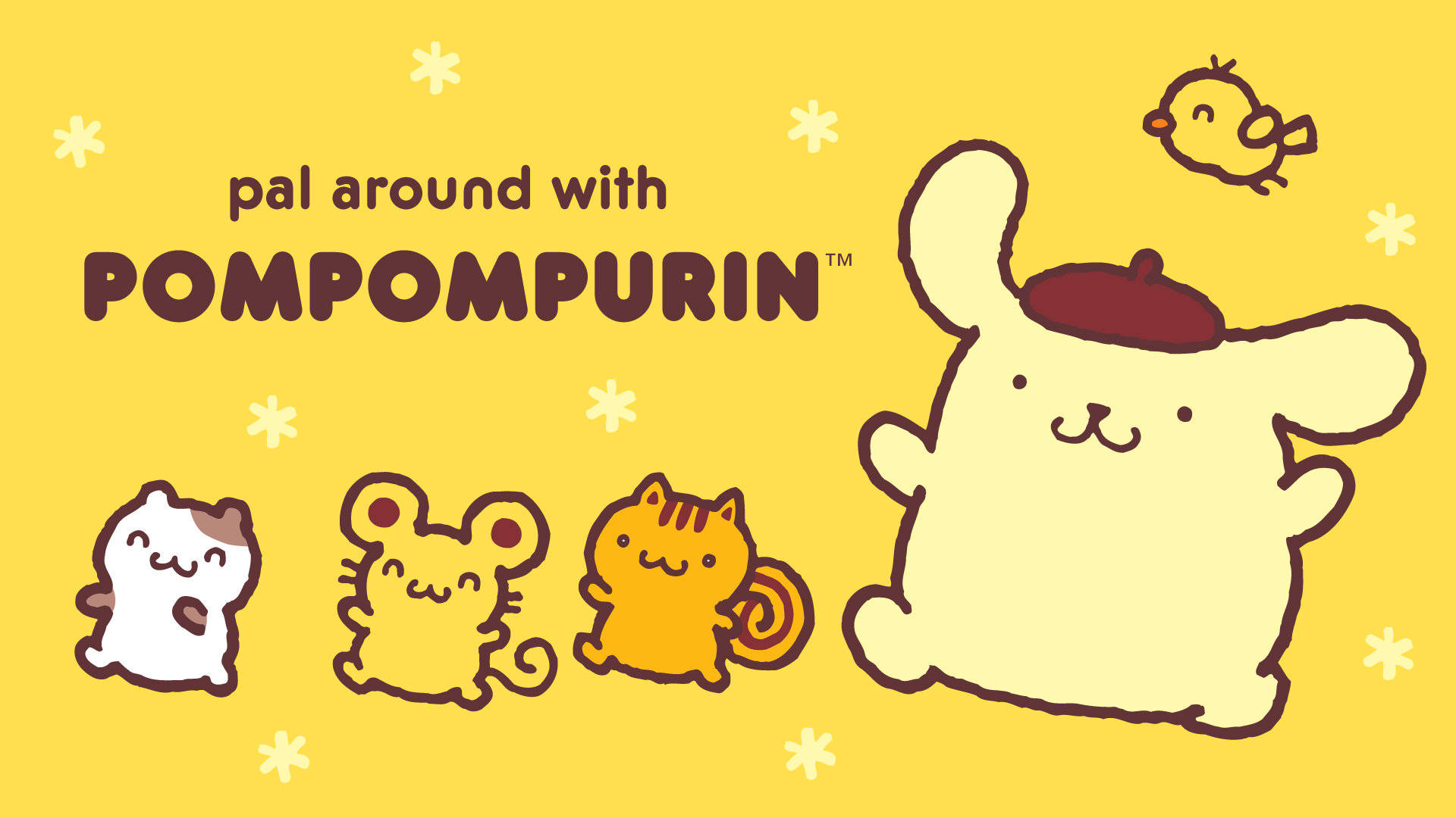 Pompompurin, yellow background, three small animal friends, Full HD Desktop Wallpaper
