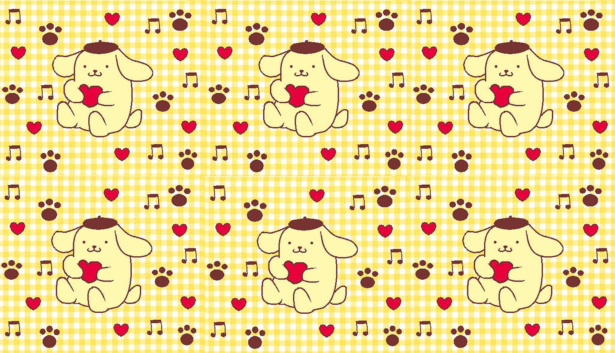 Pompompurin, red hearts, yellow gingham background, Full HD Desktop Wallpaper