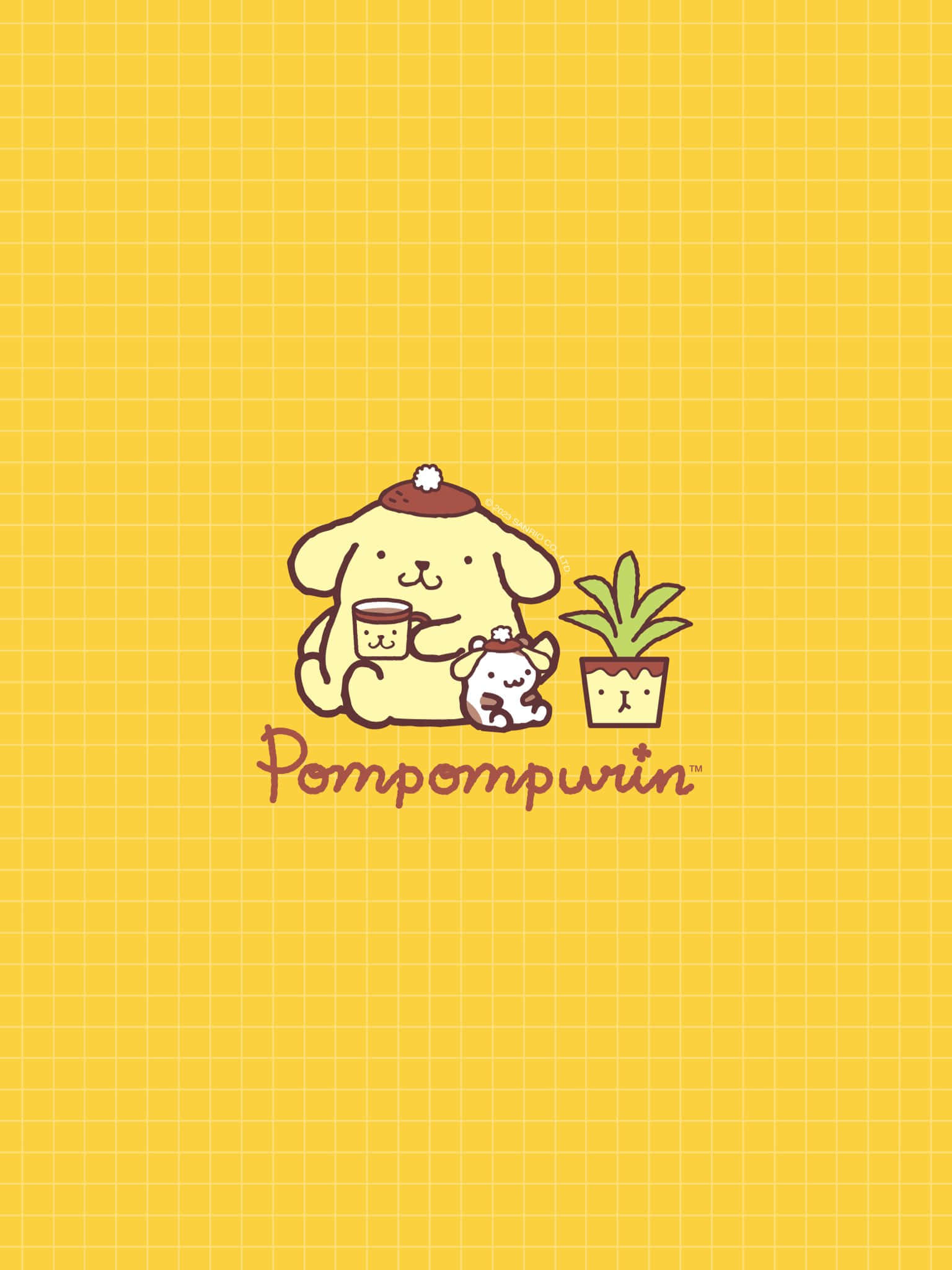 Pompompurin, yellow background, brown hat, Full HD Phone Wallpaper