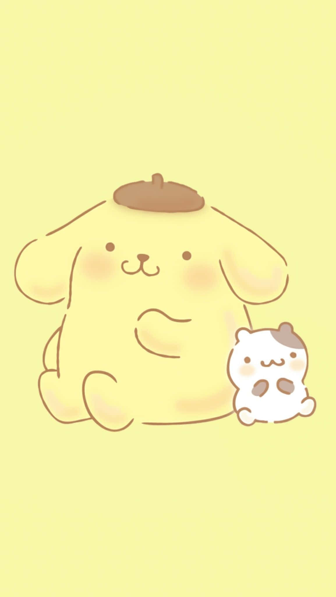 Pompompurin, brown beret, small white cat with brown spots, Full HD Phone Wallpaper