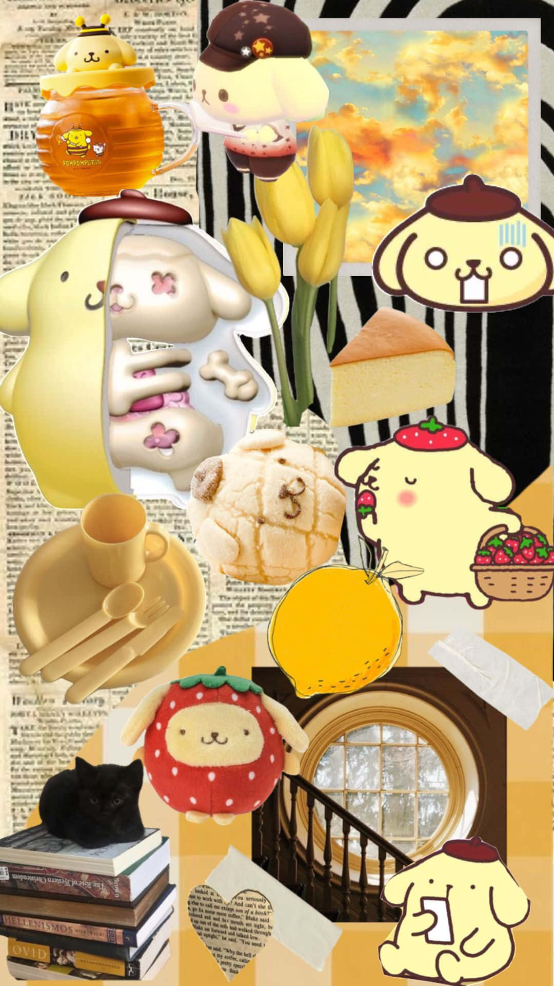 Pompompurin, collage aesthetic, cute yellow cartoon characters, Full HD Phone Wallpaper
