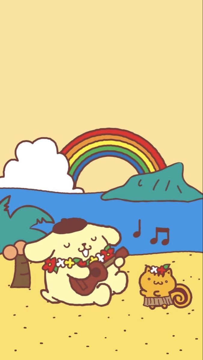 Pompompurin, flower lei, guitar, SD Phone Wallpaper