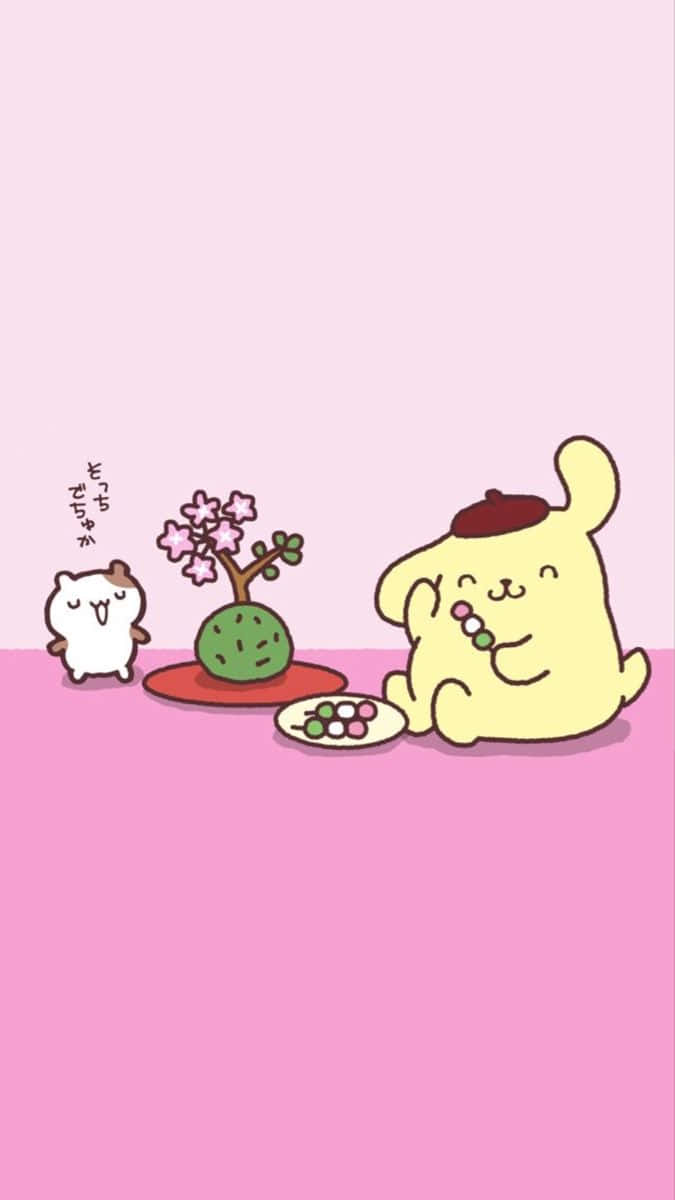Pompompurin, red beret, cherry blossom tree, SD Phone Wallpaper