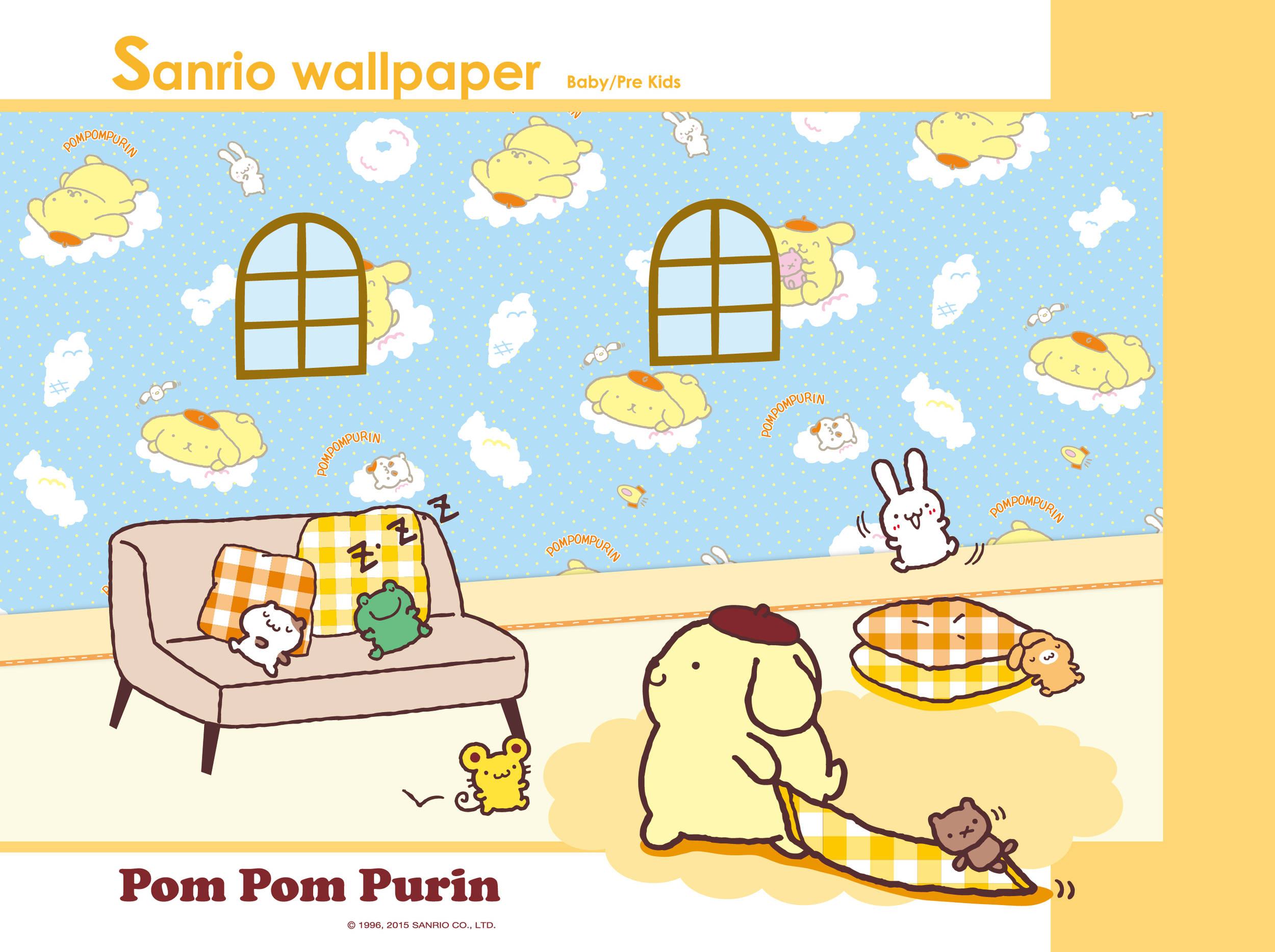 Pompompurin, checkered pillows, blue sky wallpaper, Full HD Desktop Wallpaper