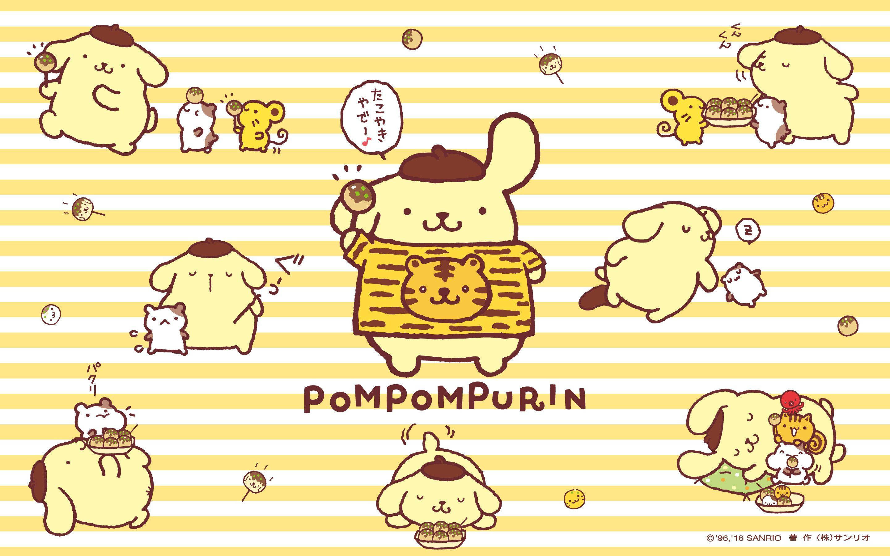 Pompompurin, yellow striped background, snacks, 2K Desktop Wallpaper