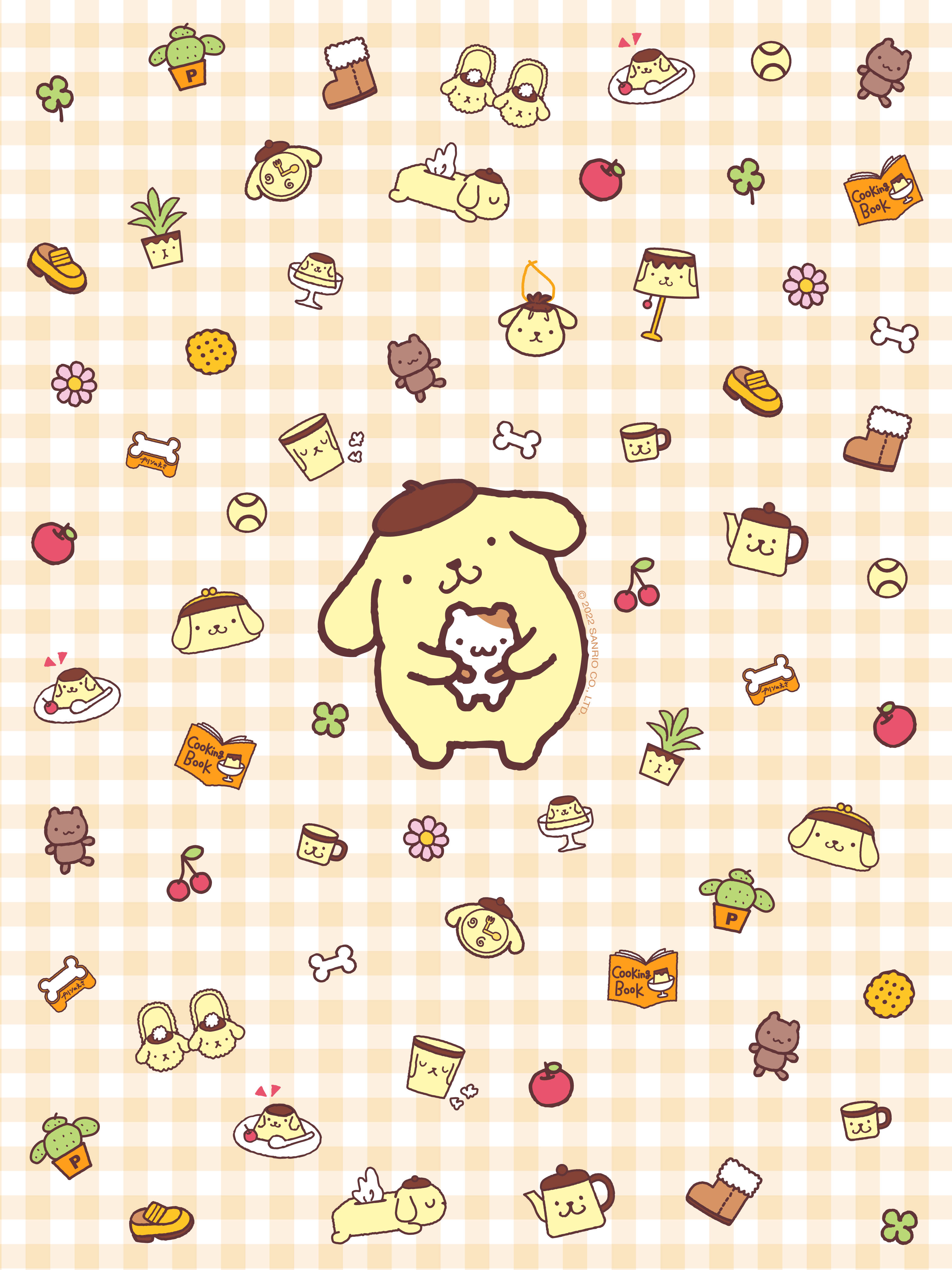Pompompurin, cute yellow puppy, beige checkered background, 4K Phone Wallpaper
