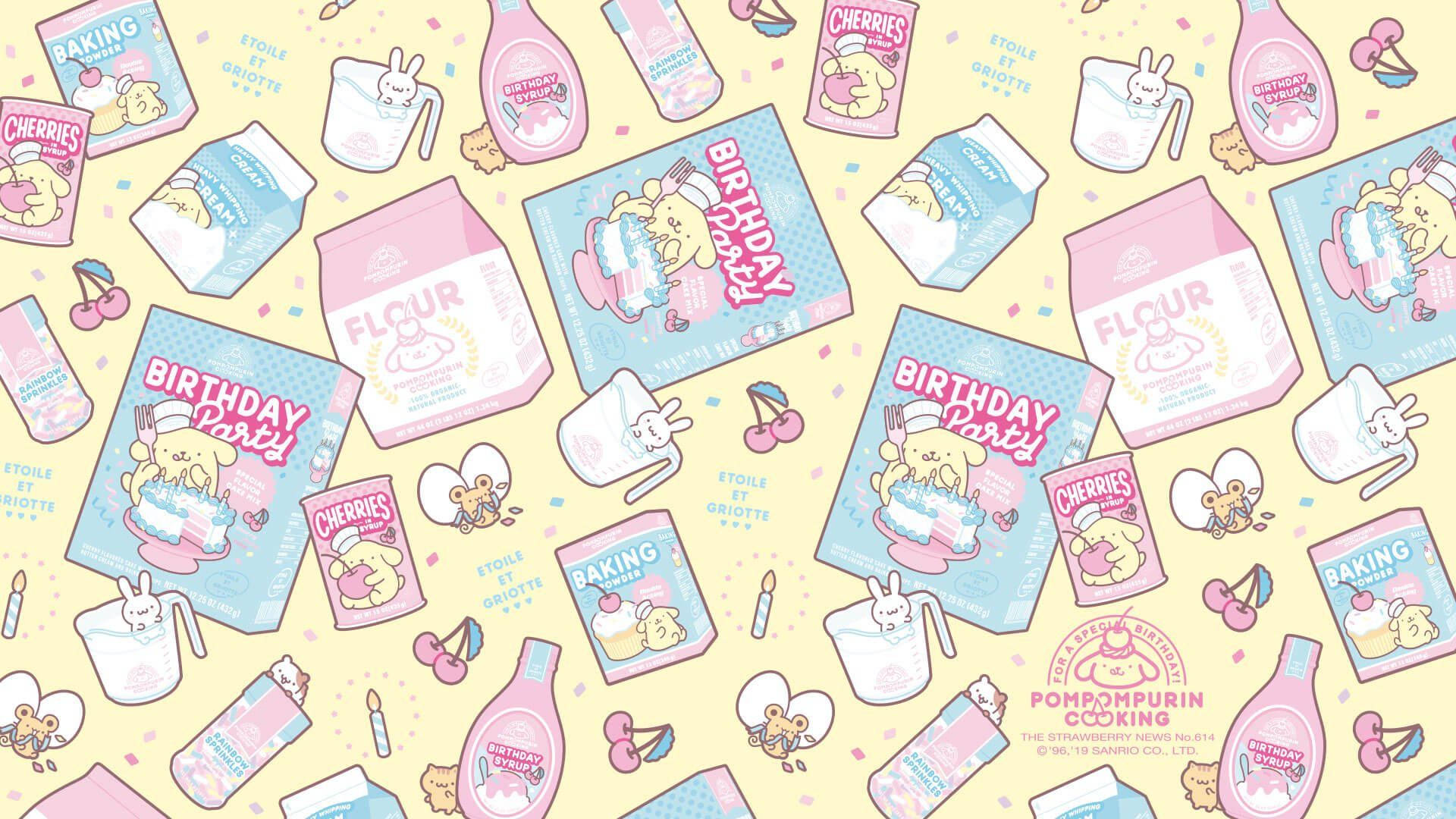 Pompompurin, birthday party pattern, pastel-colored, Full HD Desktop Wallpaper
