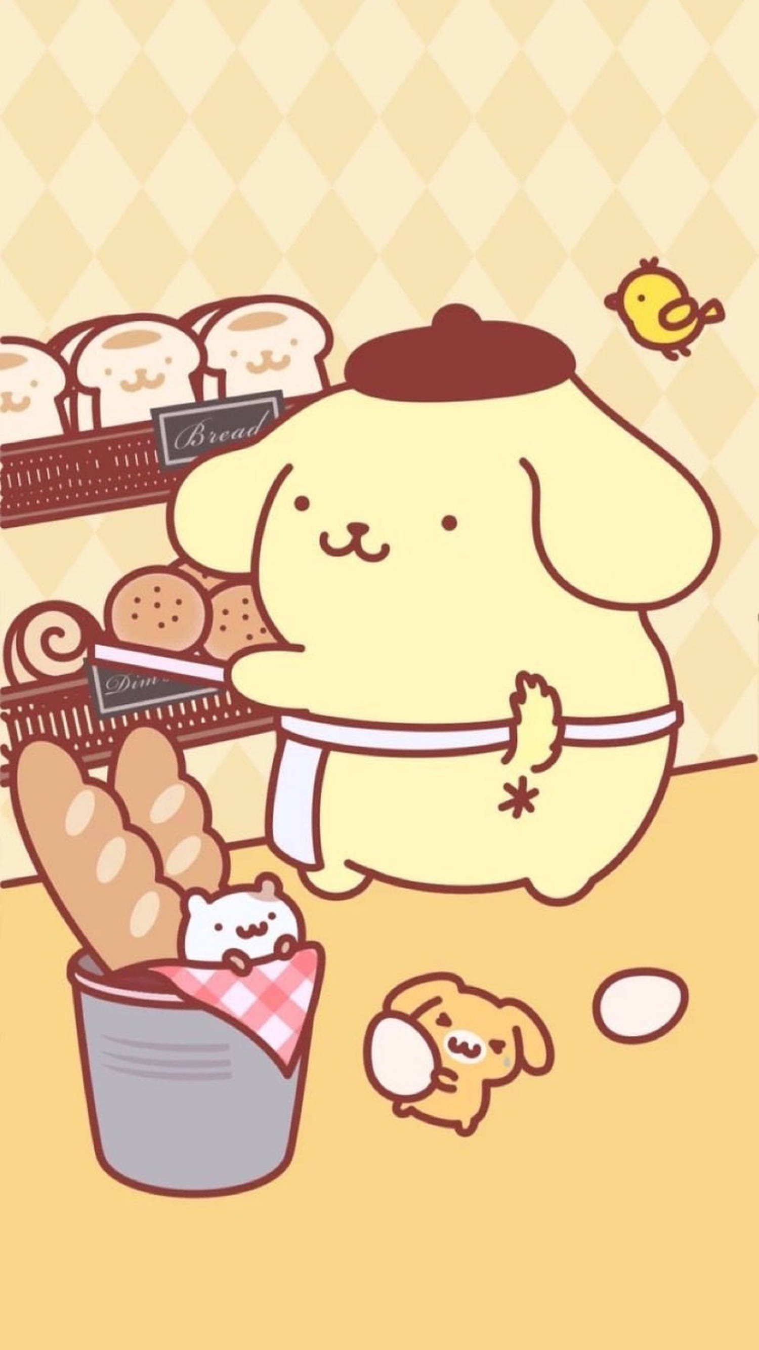 Pompompurin, white apron, yellow bakery dog, 2K Phone Wallpaper