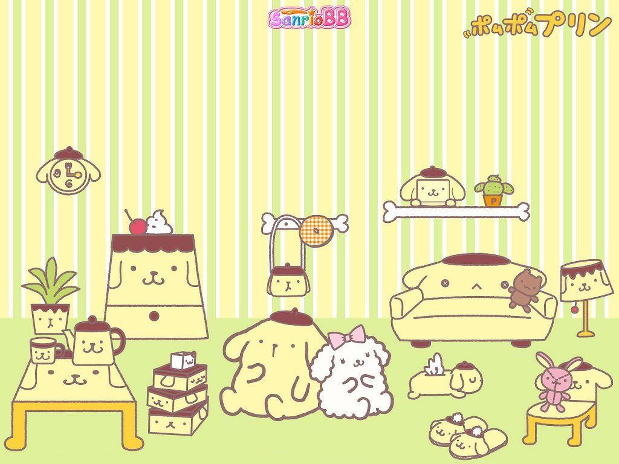 Pompompurin, pastel striped room, soft lighting, Full HD Desktop Wallpaper