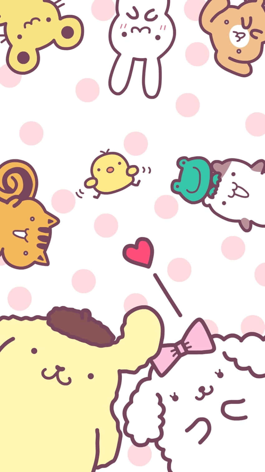Pompompurin, friends, pink polka dots, HD Phone Wallpaper