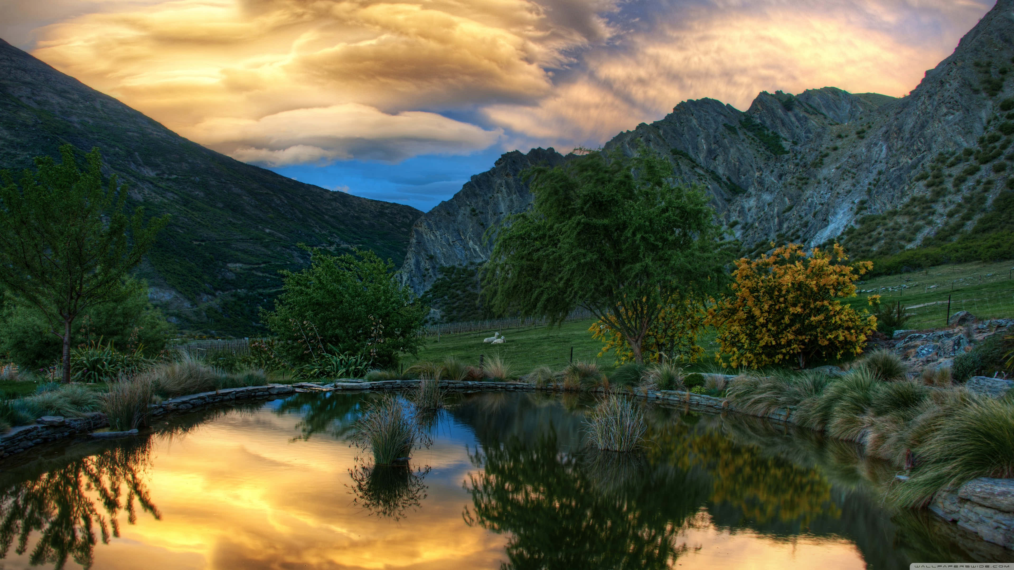 mountain valley, sunset, golden clouds, 4K Desktop Wallpaper